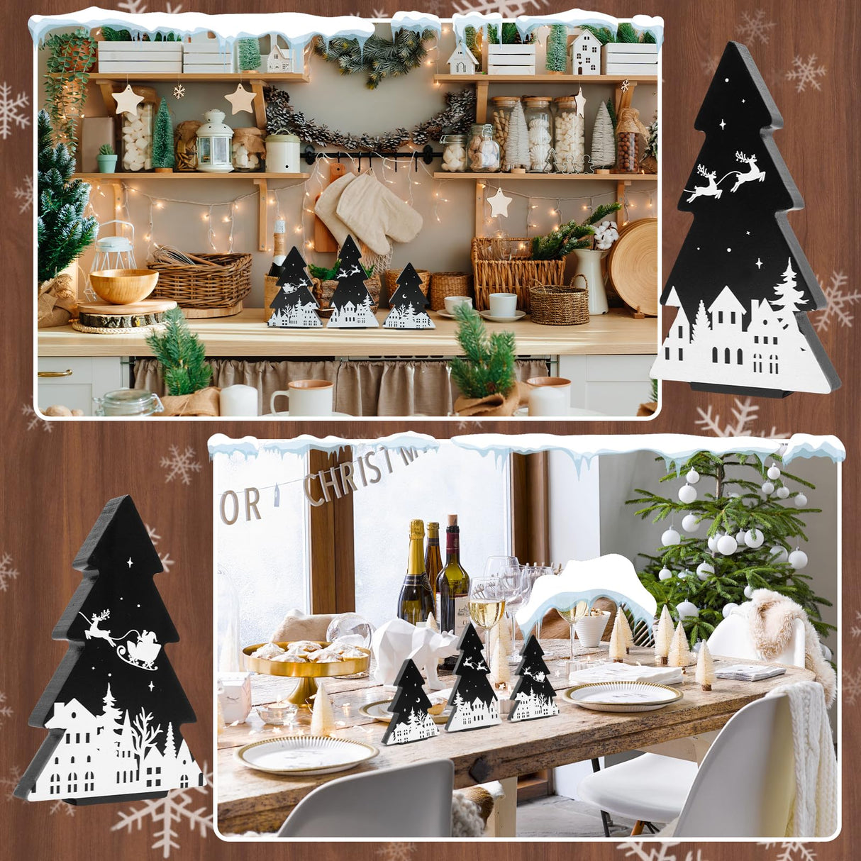 3 Pieces Wooden Christmas Tree Decor Black White Xmas Tiered Tray Decor for Christmas Home Tabletop Party Decor (Black) Sereliy