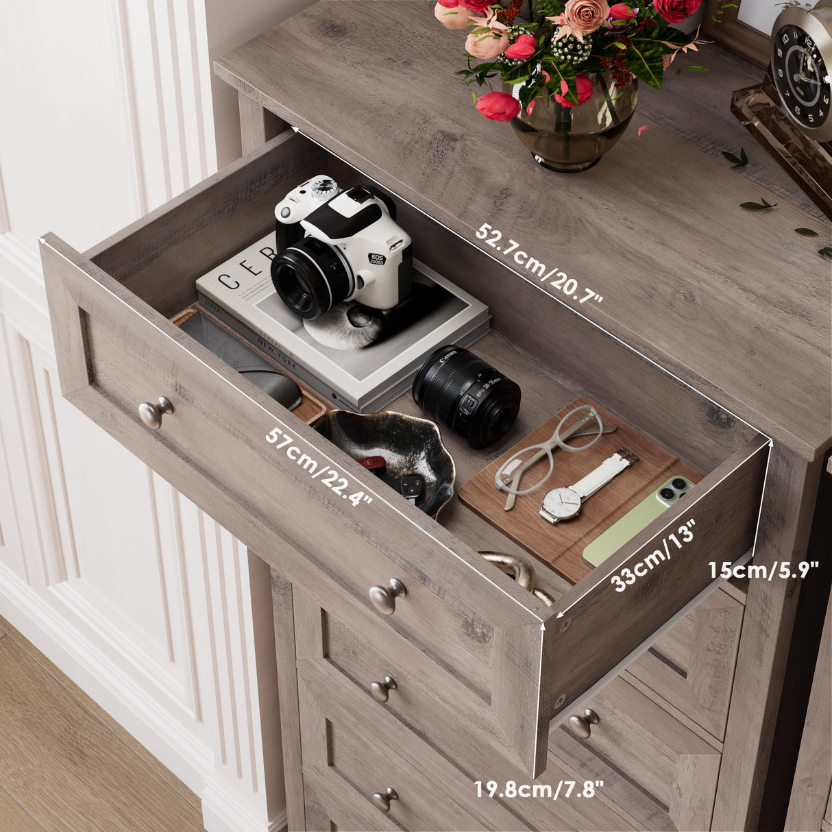 FACBOTALL 6 Drawer Dresser, 56'' Tall Dresser with Mental Double Handles, Chest of Drawers for Hallway Living Room, Wash Gray FACBOTALL