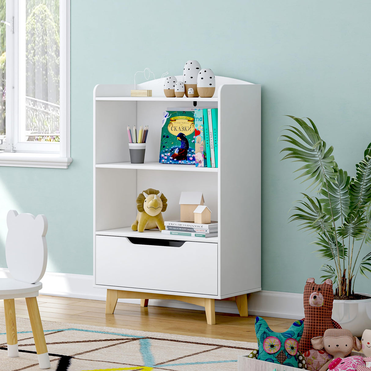 UTEX Kids Bookshelf, Children Bookcases with Storage and Drawer, Wood Kids Toy Storage Organizer for Playroom, Nursery School, White UTEX