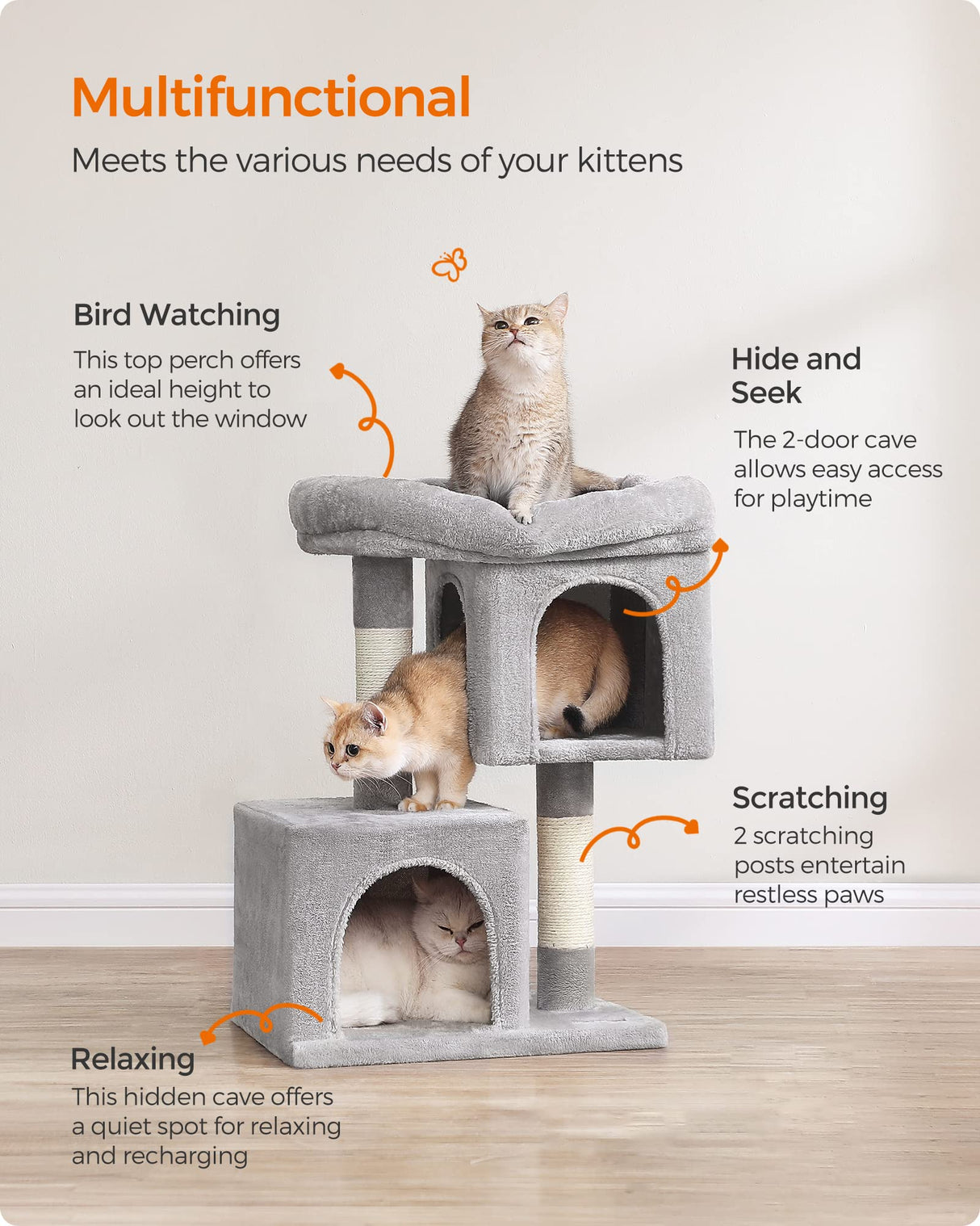 Feandrea Cat Tree, 26.4-Inch Cat Tower, S, Cat Condo for Kittens up to 7 lb, Large Cat Perch, 2 Cat Caves, Scratching Post, Light Gray UPCT611W01 Feandrea