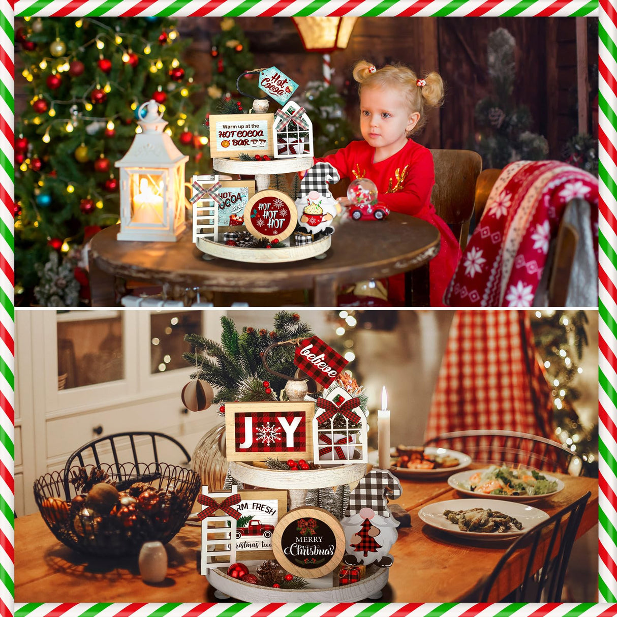 Kigley 70 Pcs Christmas Interchangeable Seasonal Tiered Tray Decor Set Farmhouse Holiday Tiered Tray Interchangeable Tabletop Decor for Holiday Seasonal Home Kitchen Kigley