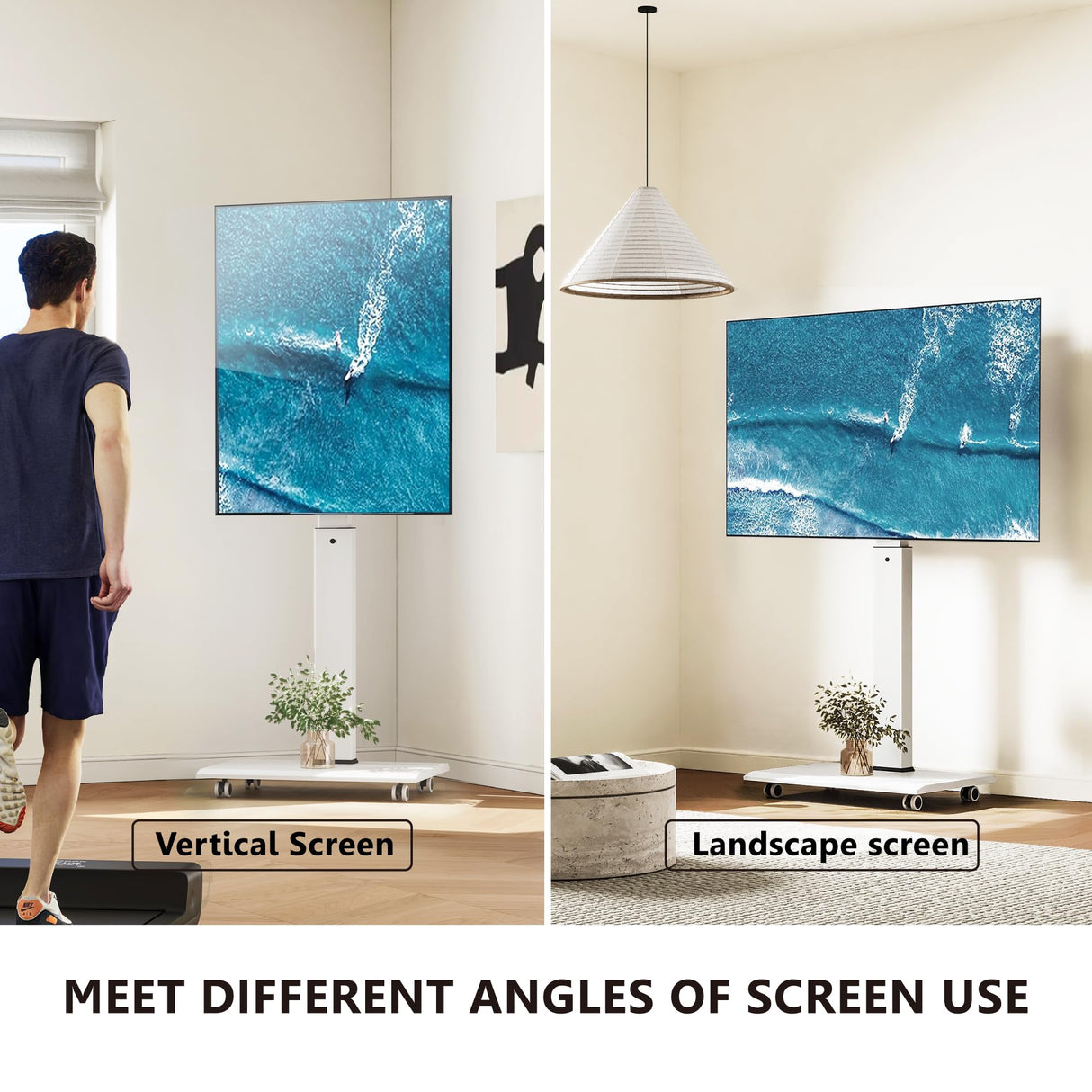 FITUEYES Rolling TV Stand - Portable Mobile TV Cart on Wheels for 32 to 65 70 75 Inch TVs, Landscape to Portrait Rotating and 40°Swivel, Height Adjustable TV Cart Rolling TV Stand Hold Up to 88 Lbs FITUEYES