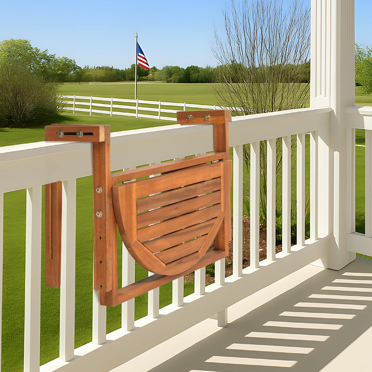 Outvita Balcony Table, Acacia Wood Folding Balcony Bar Table for Railings, 65LBS Load-Bearing Adjustable Height & Width Hanging Bar for Patio, Deck, Porch – Semicircular Outvita