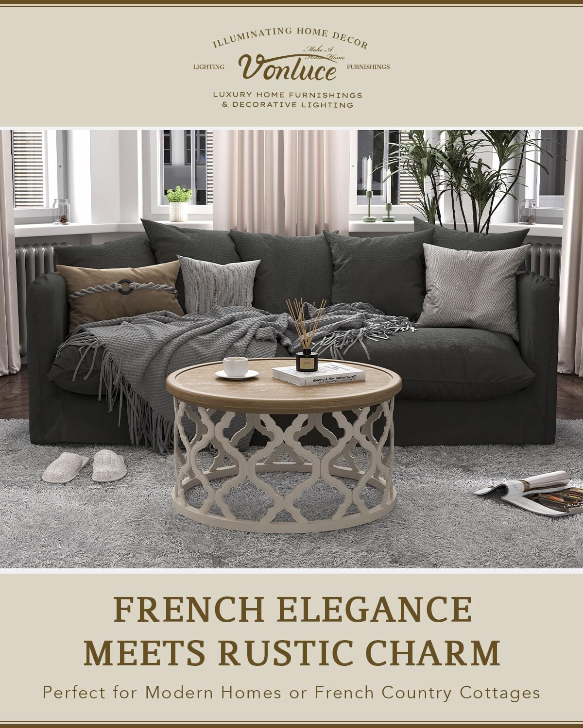 VONLUCE Farmhouse Coffee Table,30'' Round French Country Coffee Table,Distressed Wood Tray Top Vintage Coffee Table with Storage Shelf for Living Room Dining Room Bedroom,Small Space,Beige VONLUCE