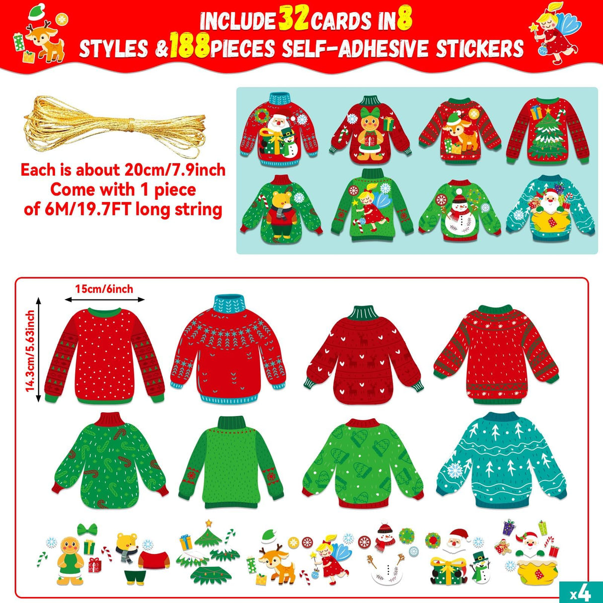 32 Sets Christmas DIY Art Craft Kits Christmas Ugly Sweaters Ornaments Art Sets Christmas Winter Stickers Arts and Crafts Bulk for Kids Snow Holiday Xmas Theme Classroom Activities Party Decorations Qyeahkj