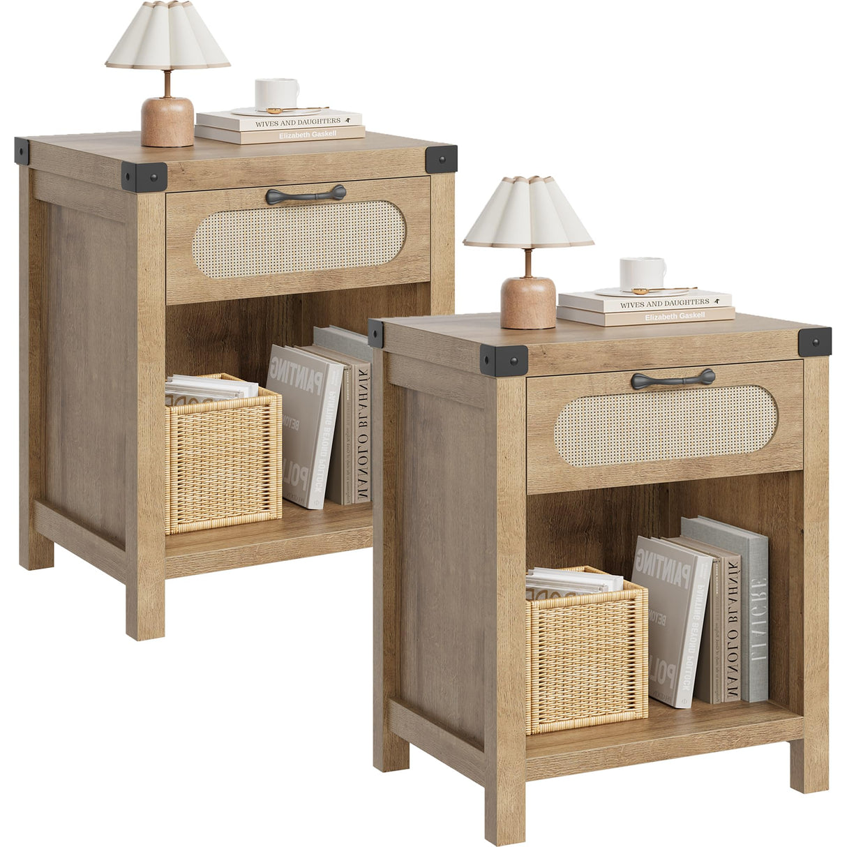 GarveeHome Rattan Night Stands Set of 2, Farmhouse Bedside Table, Night Stand with Drawer and Open Shelf, Boho End Table for Living Room,Bedroom, Natural GarveeHome
