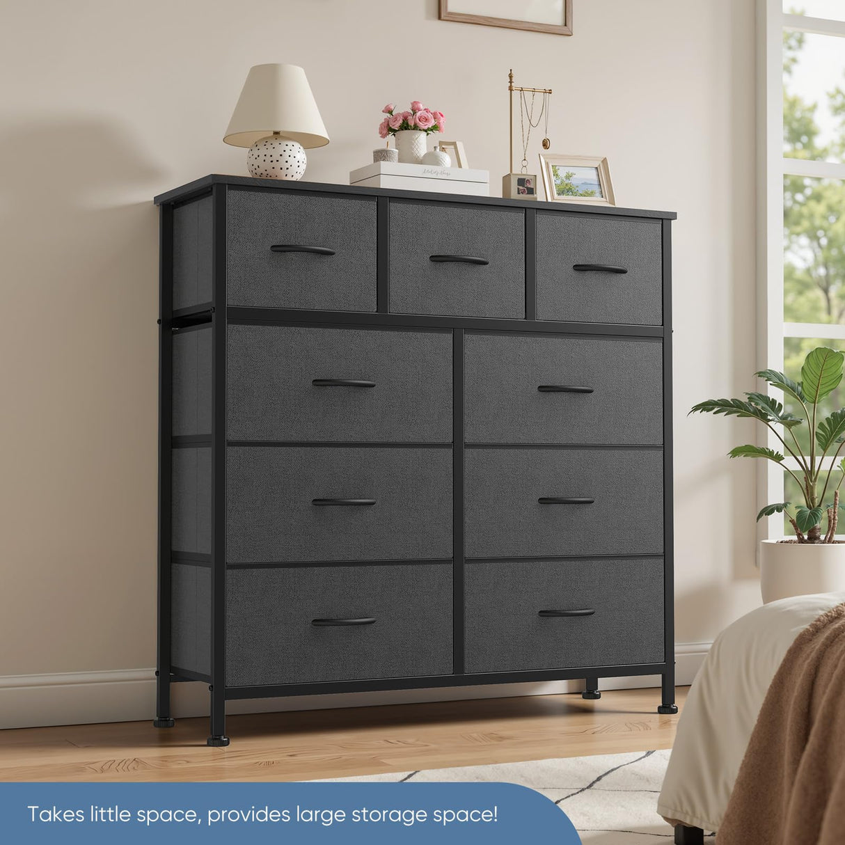 DUMOS 9 Drawer Dresser, Fabric Storage Organizer with Sturdy Metal Frame and Wooden Top, Modern Chest of Drawers for Bedroom Closet Entryway,Grey DUMOS