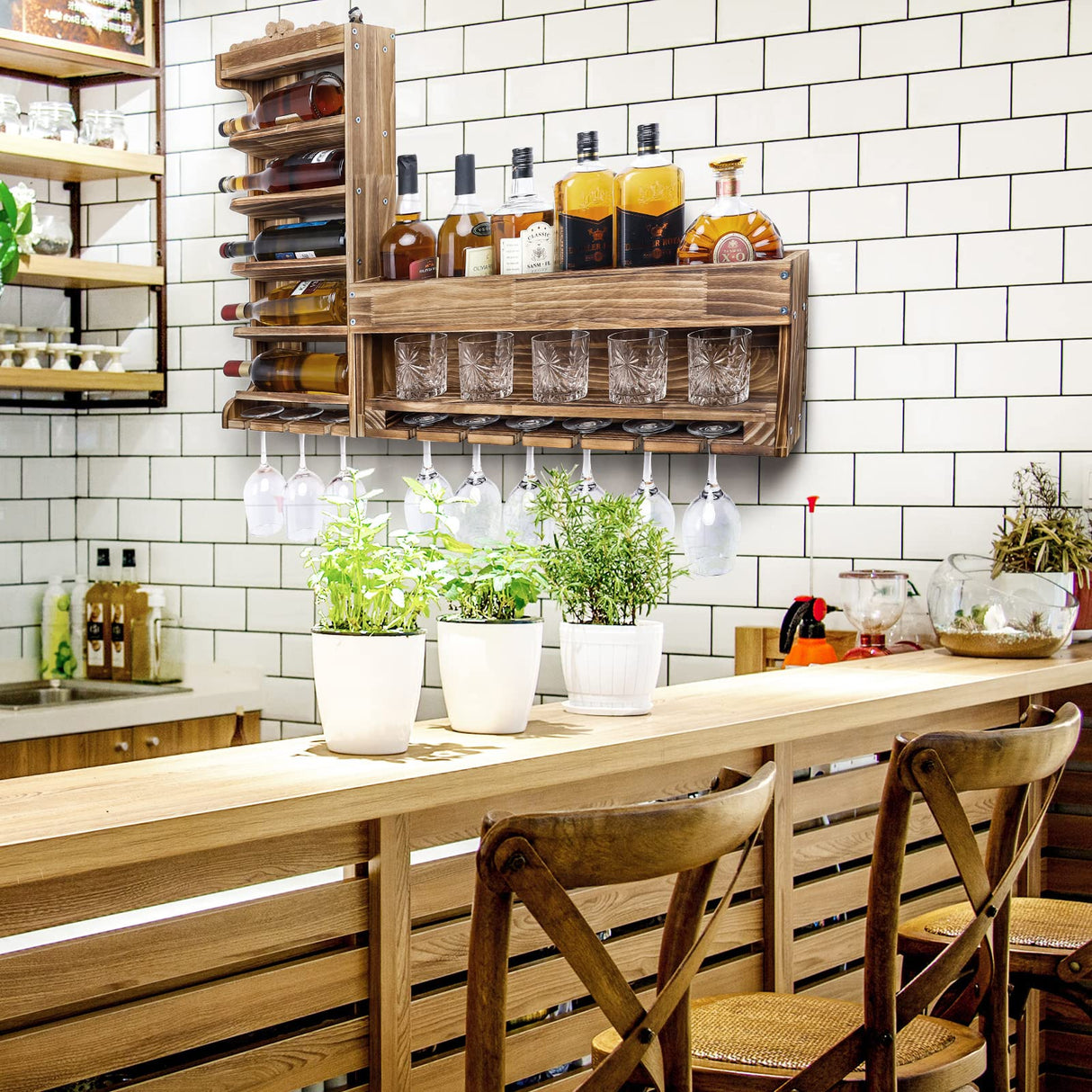 Homde Wine Rack Wall Mounted Wood,Wine Shelf with Bottle Stemware Glass Holder Rustic, Wine Display Storage Rack with Cork Holder for Home Bar Homde