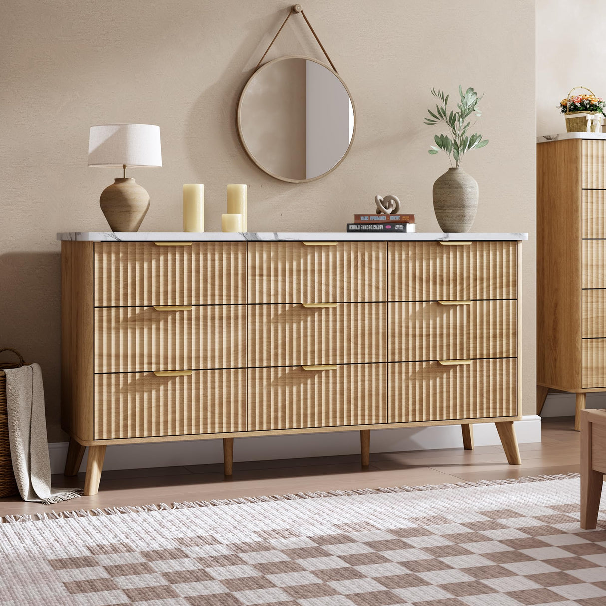 Fluted Dresser for Bedroom with 9 Deep Drawers, 60.6" Wide Modern Chest of Drawer with Faux Marble Top, Wooden Dresser TV Stand, Curved Profile Design, for Living Room, Kids Room, Hallway, Natural Oak GarveeHome