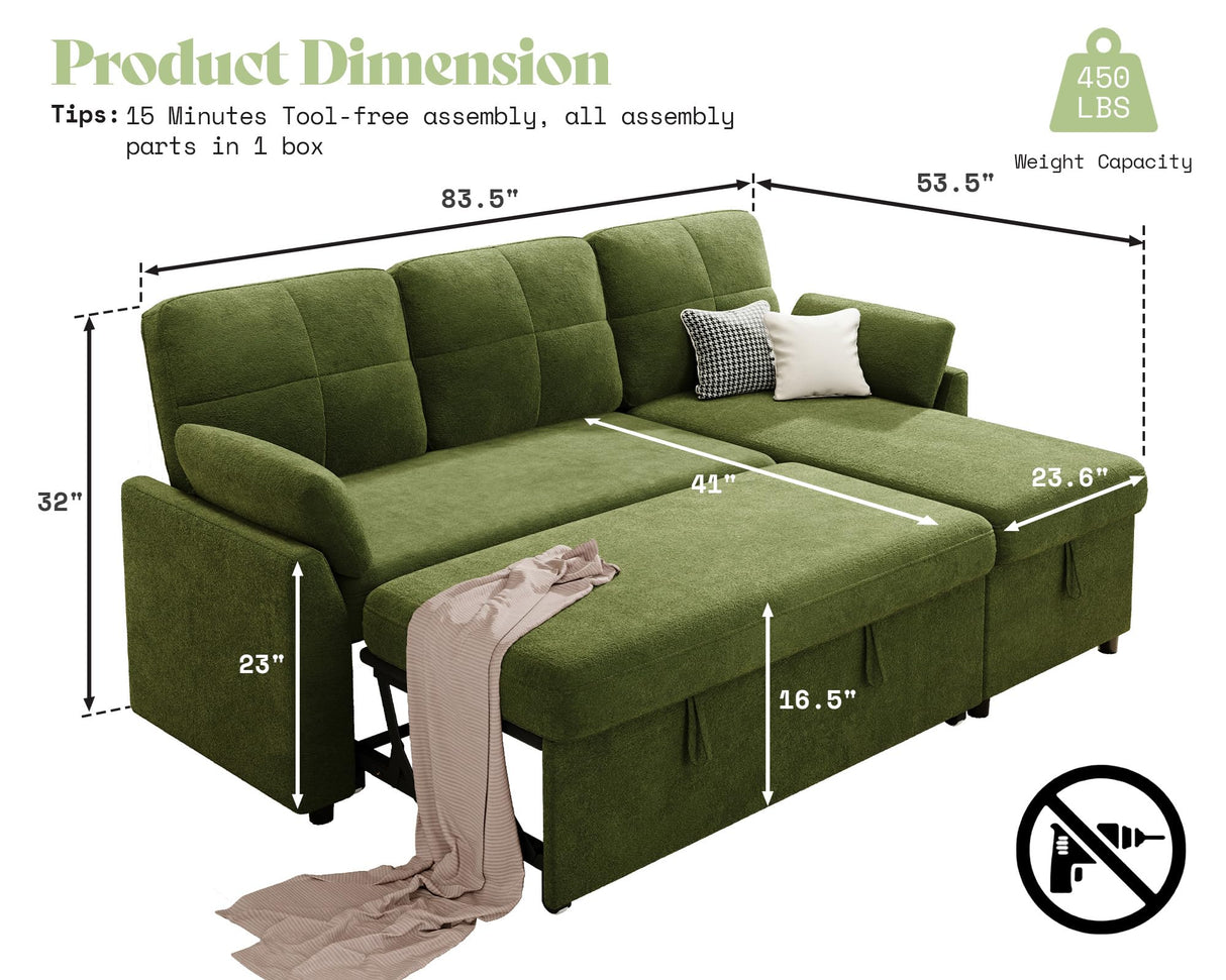 AMEILIFE Sleeper Sofa, Sofa Bed with Storage Chaise, Convertible Sofa Bed with Pull Out Couch, l Shaped Couch for Living Room, Linen Green AMERLIFE