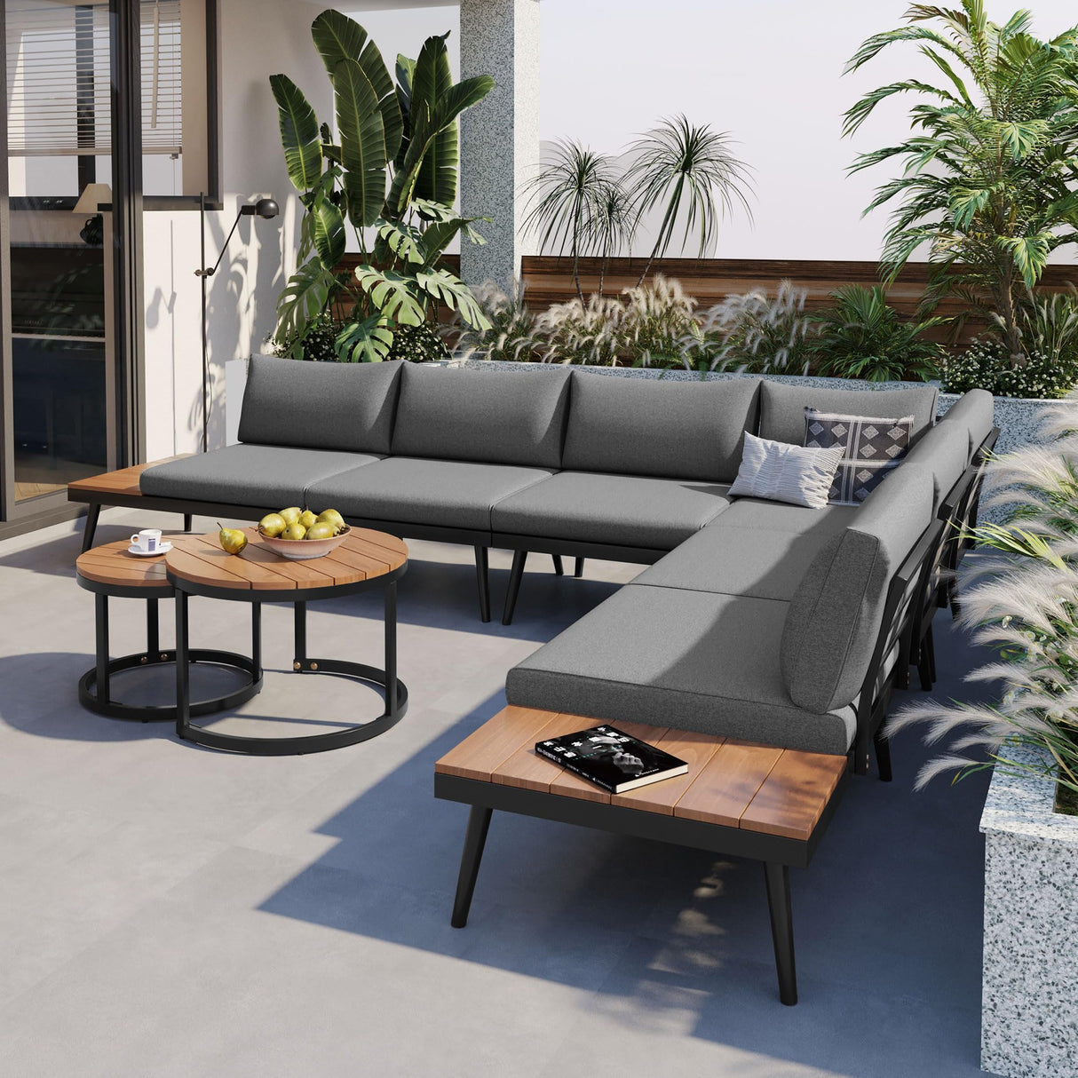 Tdewlye 6 Piece Outdoor Sectional Furniture Sofa Conversation Set with Round Nesting Coffee Tables and Seating Sofa with 6 Cushions+7 Pillows for Patio, Porch and Garden (Grey-@8.9) Tdewlye