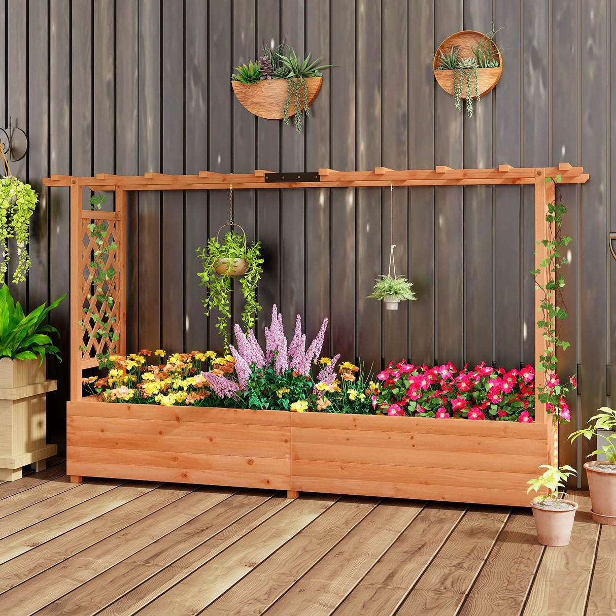 Giantex Raised Garden Bed with 2-Sided Trellis & Hanging Roof, Fir Wood Planter Box w/Drainage Holes, Bottom Gaps, Freestanding Garden Planter for Flowers Herbs Climbing Vines (79" x 17.5" x 45") Giantex