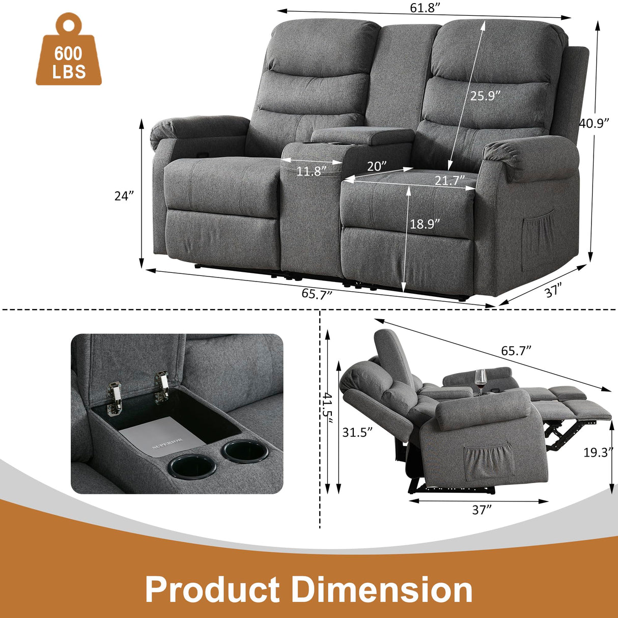URRED Loveseat Recliner Sofa, Double Manual Recliner RV Sofa with Console, Linen Recliner Chair Home Theater Seating with Cup Holders/Lumbar Pillow/Hidden Storage for Living Room(Grey) URRED