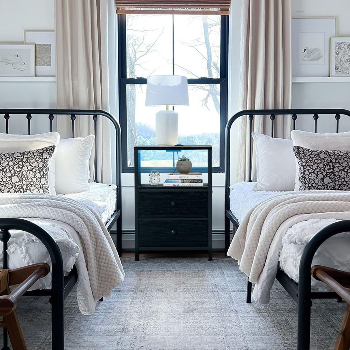 BOLUO Black Nightstand with Charging Station, LED Night Stand with 2 Fabric Drawers, Bedside Table with USB Ports and Outlets, Nightstand for Bedroom Modern BOLUO