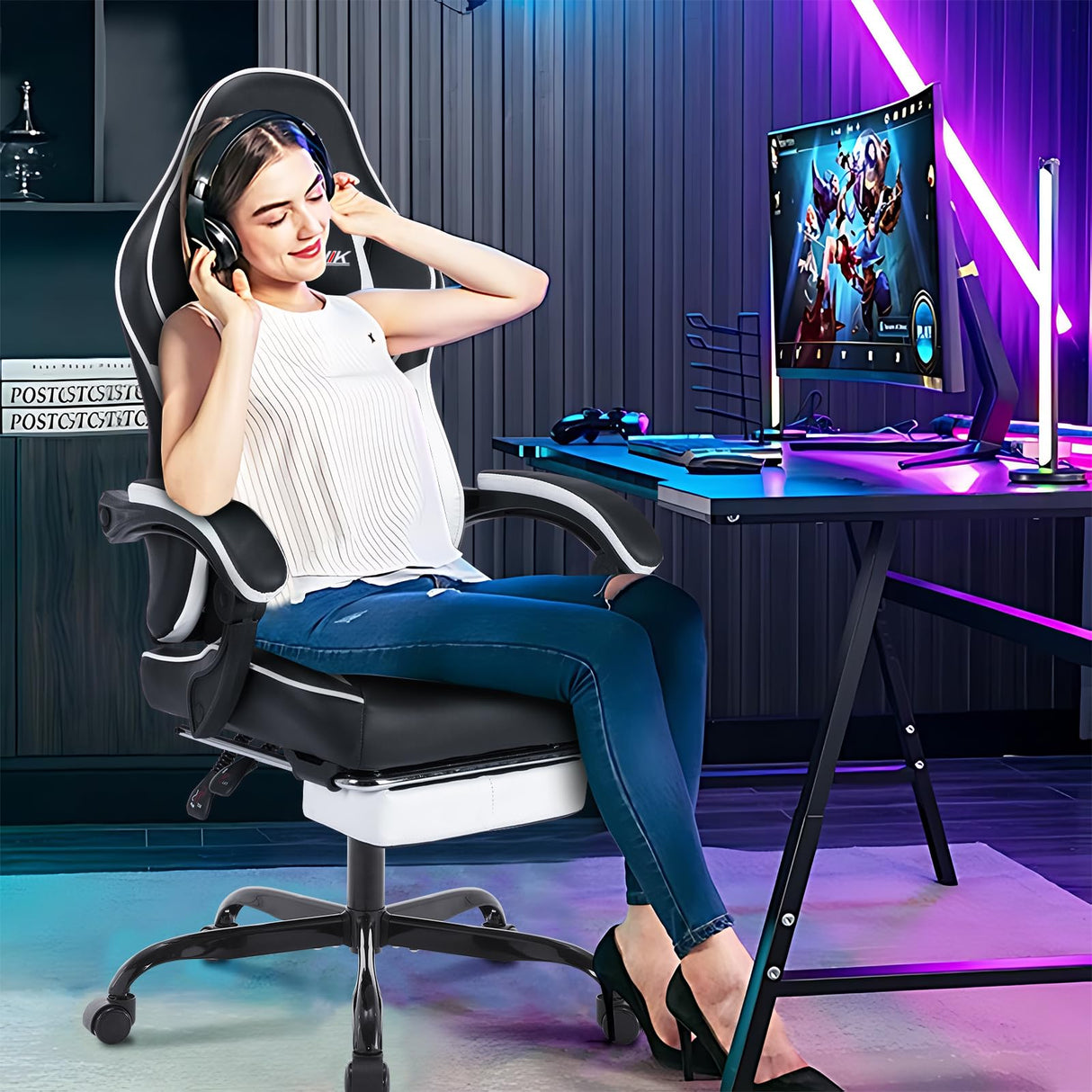 Ergonomic Video Gamer Chairs,Computer Gaming Chairs with Massage Lumbar Support and footrest,Racing Style Computer Chair Adjustable Headrest for Adults,Blackwhite NIONIK