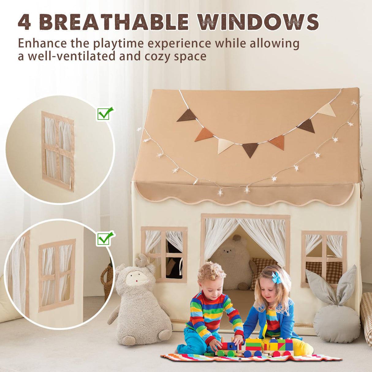 Duwenem Kids Tent with Basic Mat Large Kids Playhouse Indoor with Star Light Toddler Play Tent for Kids Toy House Gift 52“x47”x 40“(Coffee Cream) Duwenem