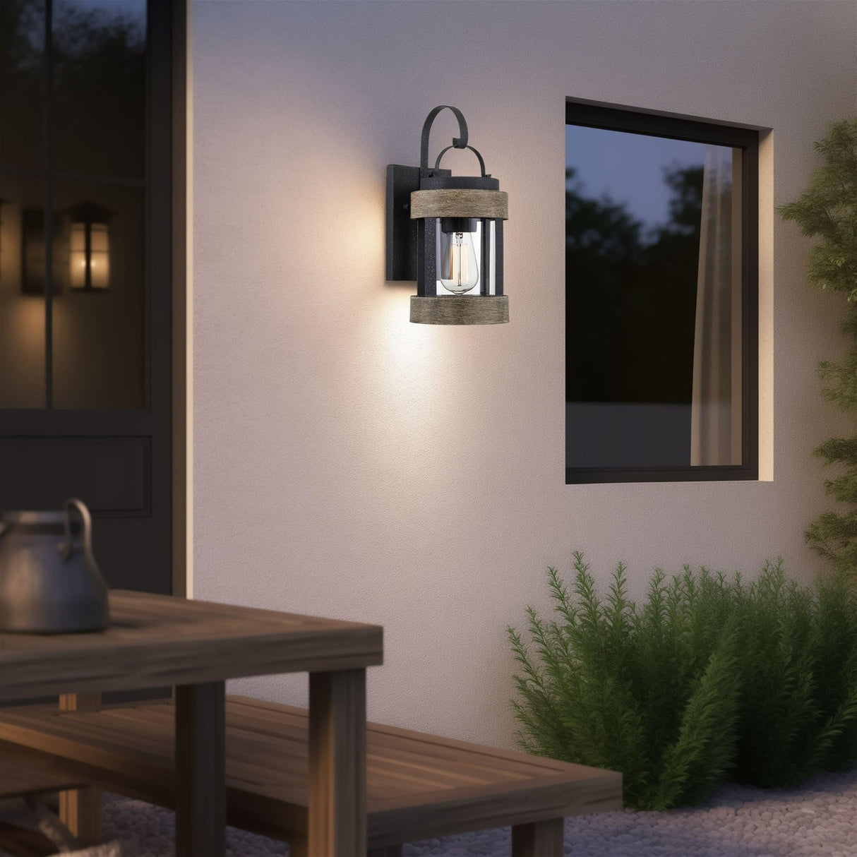 Kira Home Rochester 14" Modern Indoor Outdoor Wall Sconce + Cylinder Glass Shade, Weathered Oak Wood Style + Textured Black Finish Kira Home
