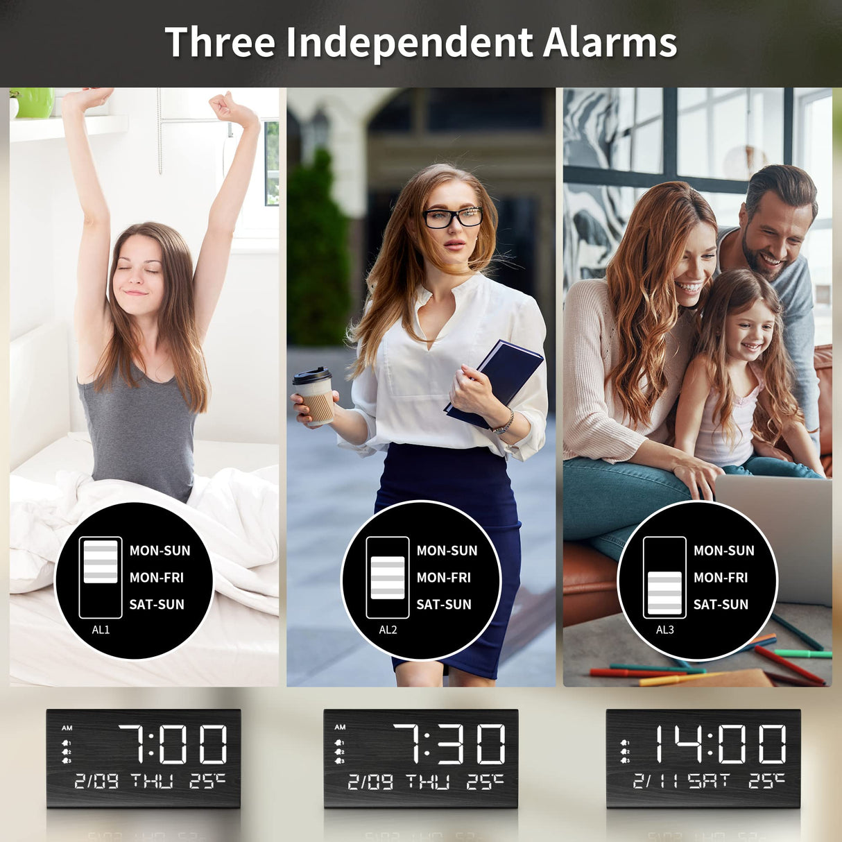 JALL Digital Alarm Clock, with Wooden Electronic LED Time Display, 3 Alarm Settings, Weekday/Weekend Mode, Temperature Detect, Wood Made Electric Clocks for Office, Bedroom, Bedside (Black) JALL