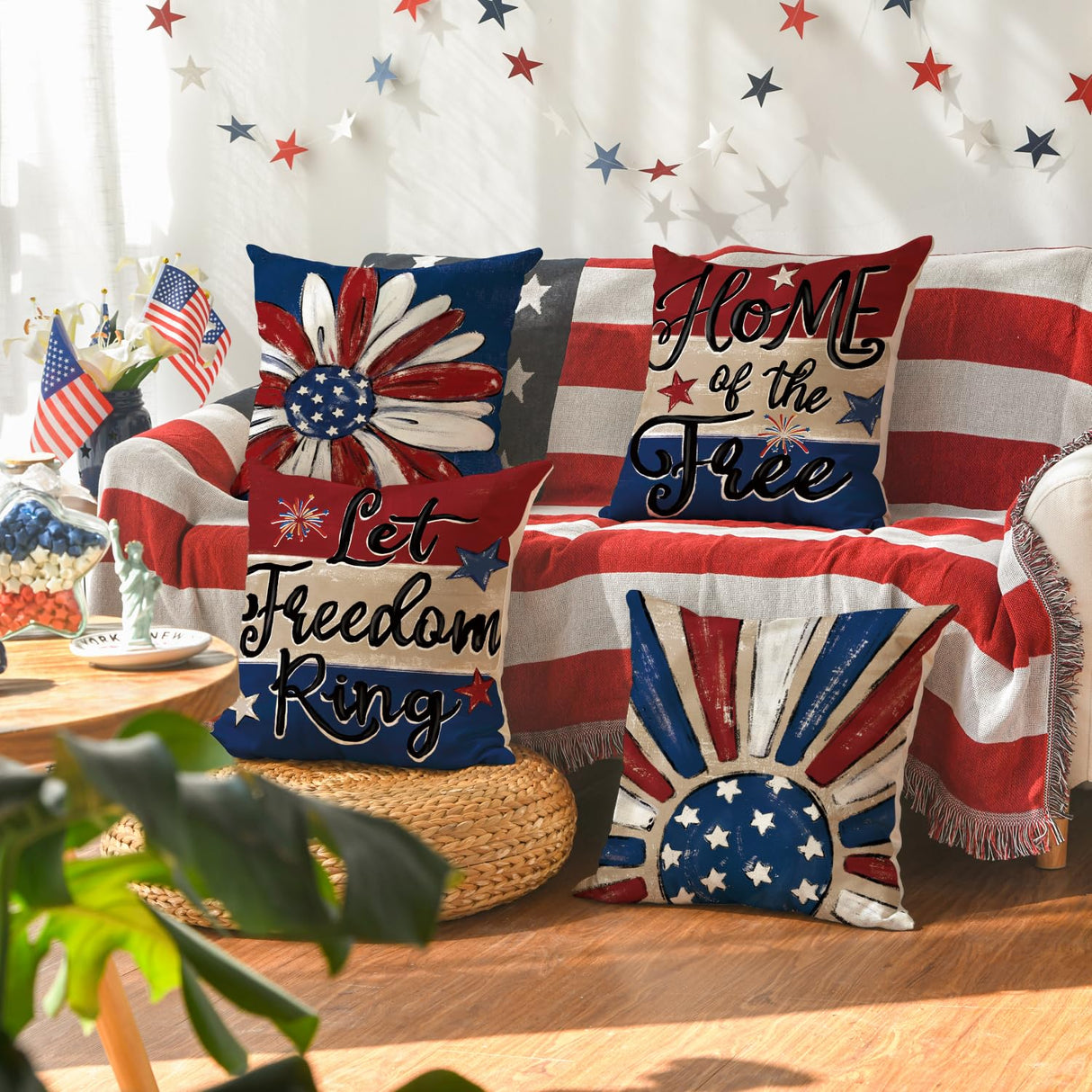 AVOIN colorlife Let Freedom Ring Stars Fireworks Red White Flower Throw Pillow Covers, 18 x 18 Inch 4th of July Patriotic Independence Memorial Day USA Flag Cushion Case for Sofa Couch Set of 4 AVOIN colorlife