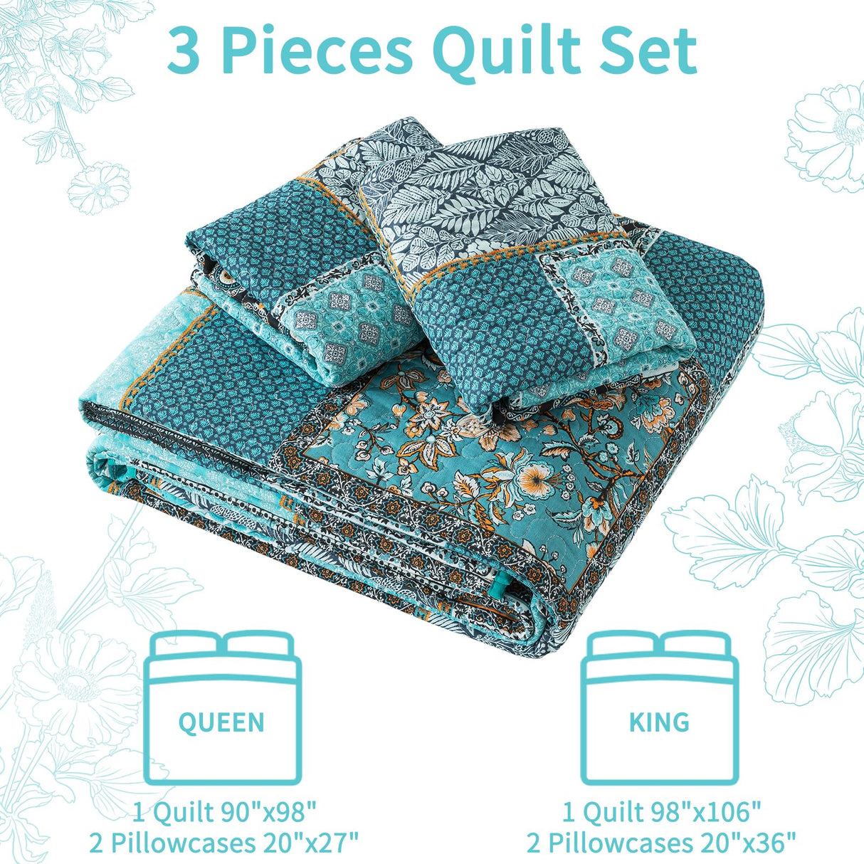 VAPUTAR Oversized King Size Quilt Bedding Set - Cotton California King Size Bedspreads (108 * 118 in) - Lightweight Floral Quilts for Farmhouse Bedroom (Teal/Green Chic, 3 Pieces) VAPUTAR