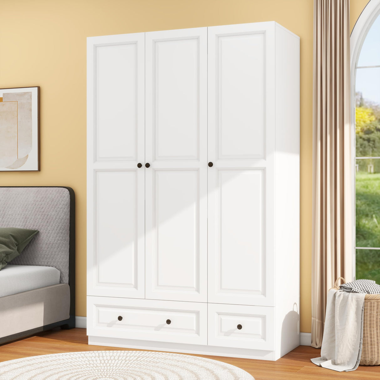 LABROSKIA White Wardrobe Closet with 3 Doors: 74" Bedroom Armoire Wardrobe Closet with 2 Drawers, Wooden Cabinet with Hanging Rod, Modern Armoire Closets with Shelves (White, 47") LABROSKIA