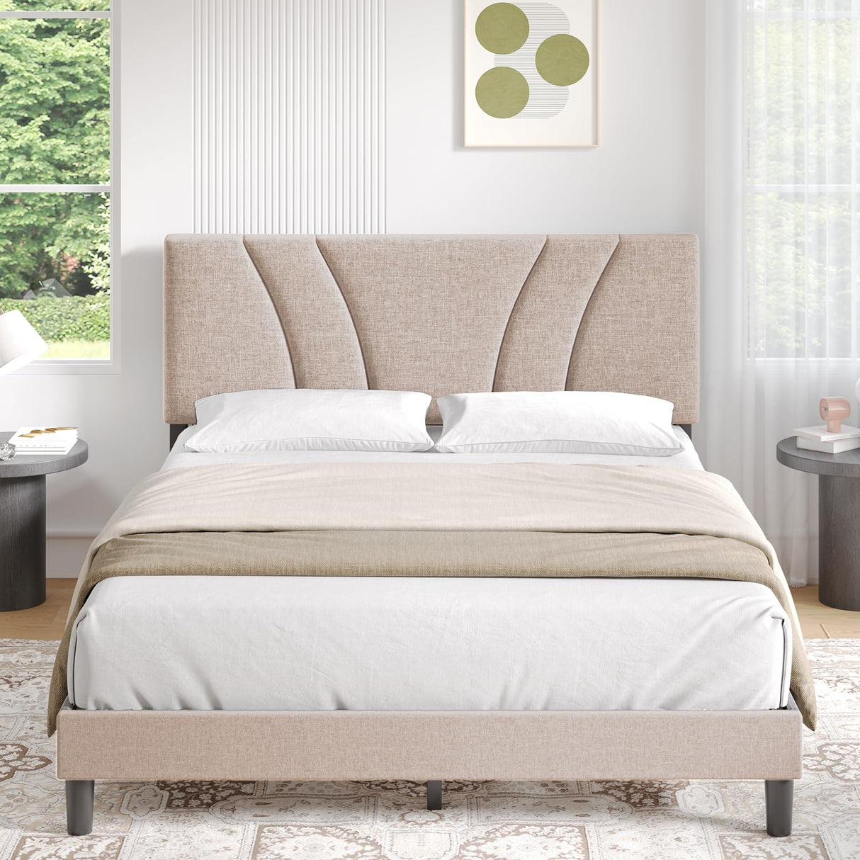 Novilla Adjustable Queen Bed Frame with Linen Upholstered Headboard and Wooden Slat Support Novilla
