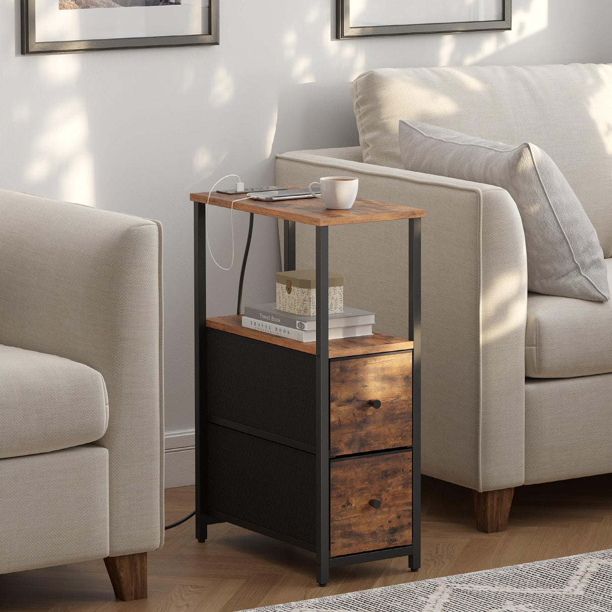 TUTOTAK Small Narrow End Table with Charging Station, Set of 2, Side Table with Outlets, Nightstand with 2 Cloth Drawers, Couch Table, for Living Room, Bedroom, Bedside, Brown TB01BB055 TUTOTAK