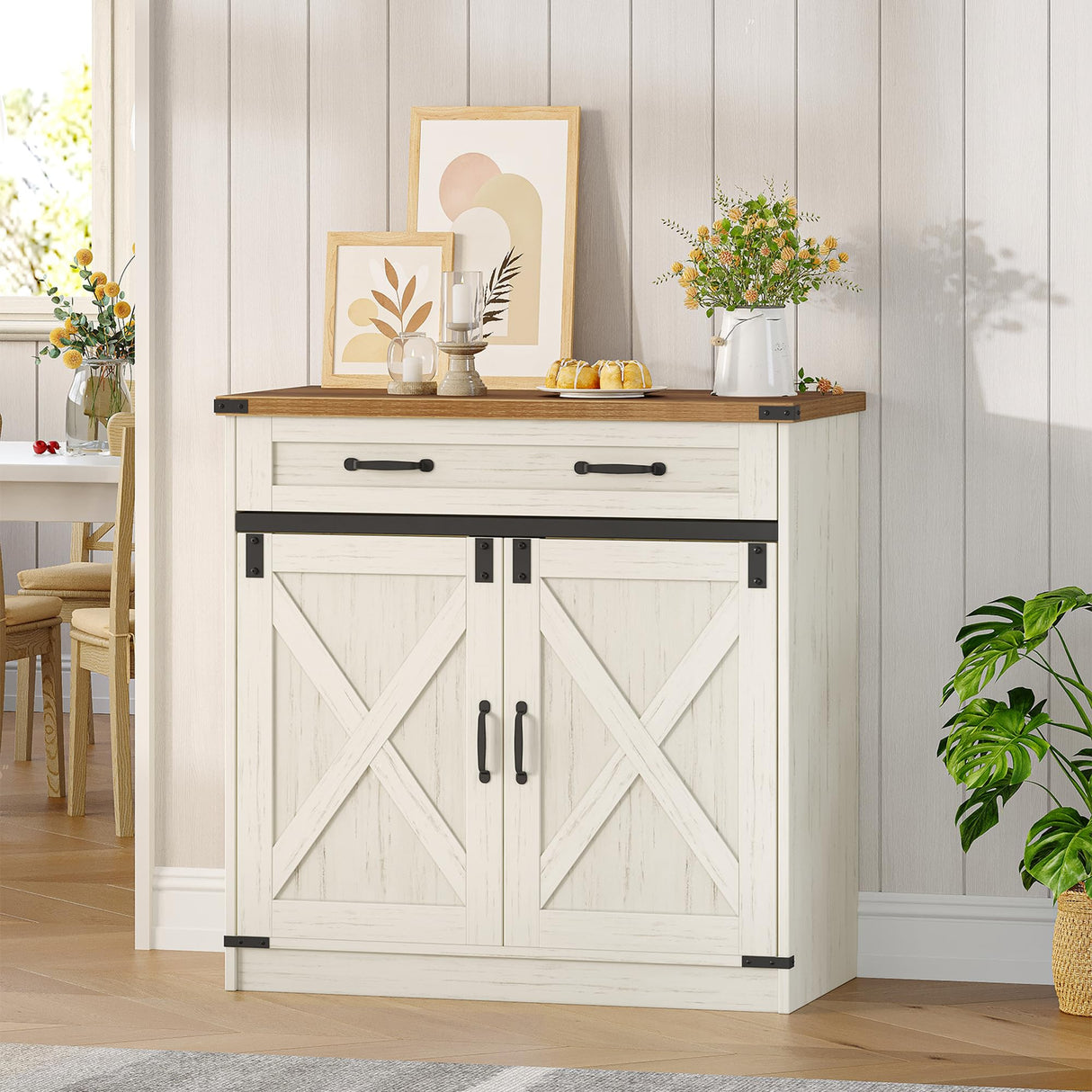 Hzuaneri Kitchen Storage Cabinet, Buffet Cabinet with Storage, Modern Farmhouse Sideboard Cabinets with Drawer, 31.5" Coffee Bar Cabinets with Doors & Adjustable Shelves, for Kitchen, White Brown Hzuaneri