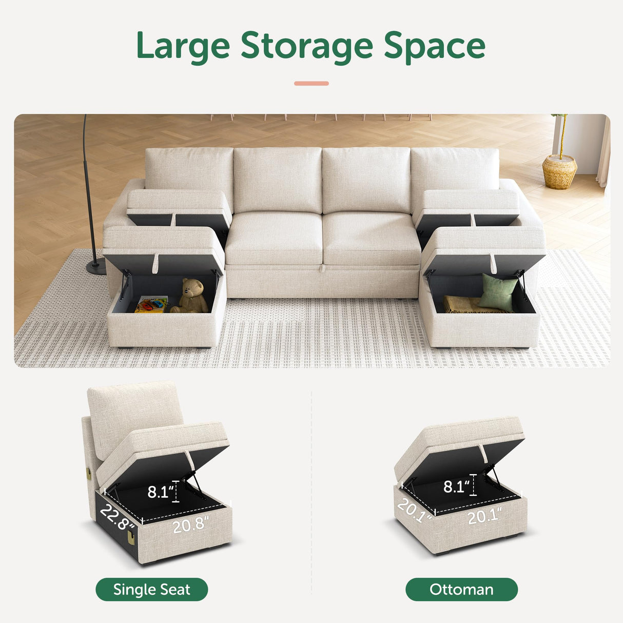 HONBAY Modular Sectional Sleeper Sofa Bed, Sectional Couch with Pullout Bed U Shaped Modular Couch with Storage Ottoman for Living Room, Beige HONBAY