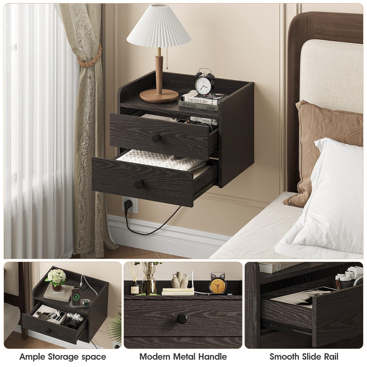Vabches Floating Nightstand Set of 2 with 2 Storage Drawers and Charging Station Wood Wall Mounted Bedside End Table Modern Night Stands Set 2 for Bedroom,Living Room,Home Office,Small Space,Black Vabches