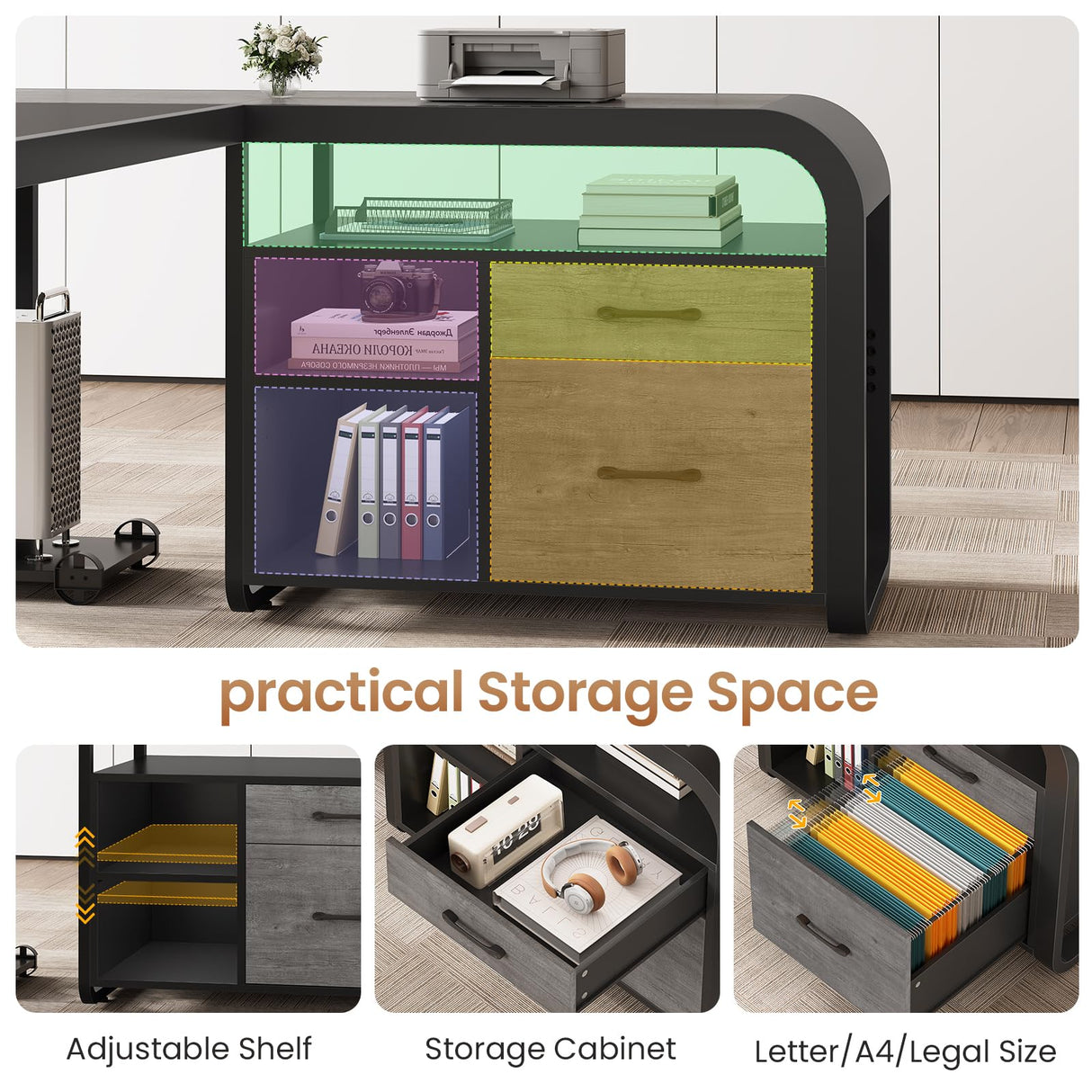 SEDETA 63 Inch Executive Desk, L Shaped Desk with Drawers, Large Office Desk with File Cabinet, Computer Desk with Mobile CPU Stand, Storage Shelves, Power Outlets for Home Office, Gray SEDETA