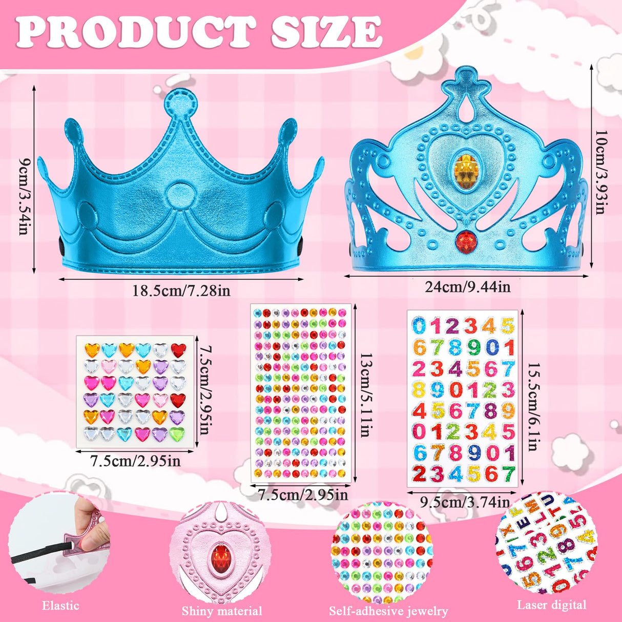 ZYNERY 29 Pcs Birthday Crowns for Kids Fabric Crafts with Stickers Bulk 4-14mm Rhinestones,Princess Tiaras DIY Crown Gifts for Girls Boys Role Rlay ZYNERY