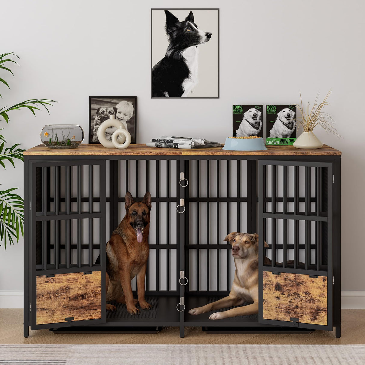 BOINN Large Dog Crate Furniture, 63 inch Heavy Duty Double Dog Crate with Divider, Extra Large Dog Kennel Furniture with Removable Trays for Medium Large Dogs BOINN
