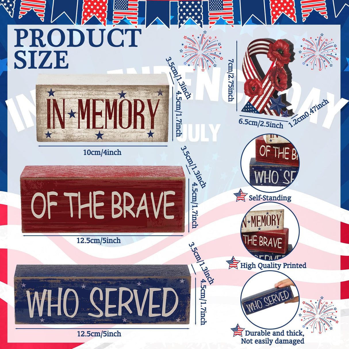 CroBlissful 4 Pcs Memorial Day Decorations Patriotic Tiered Tray Decorations 4th of July Table Sign Farmhouse Red White Blue Rustic Wood Block Stack Sign for Home Shelf Mantel(Ribbon) CroBlissful