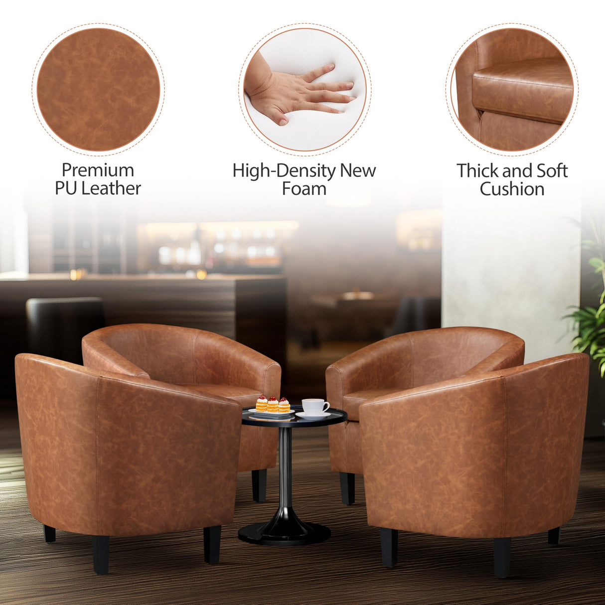 Yaheetech Brown Accent Chairs Set of 2, Faux Leather Barrel Chairs, Comfy Modern Leather Club Armchairs with Soft Seat for Living Room Bedroom Reading Waiting Room, Brown Yaheetech
