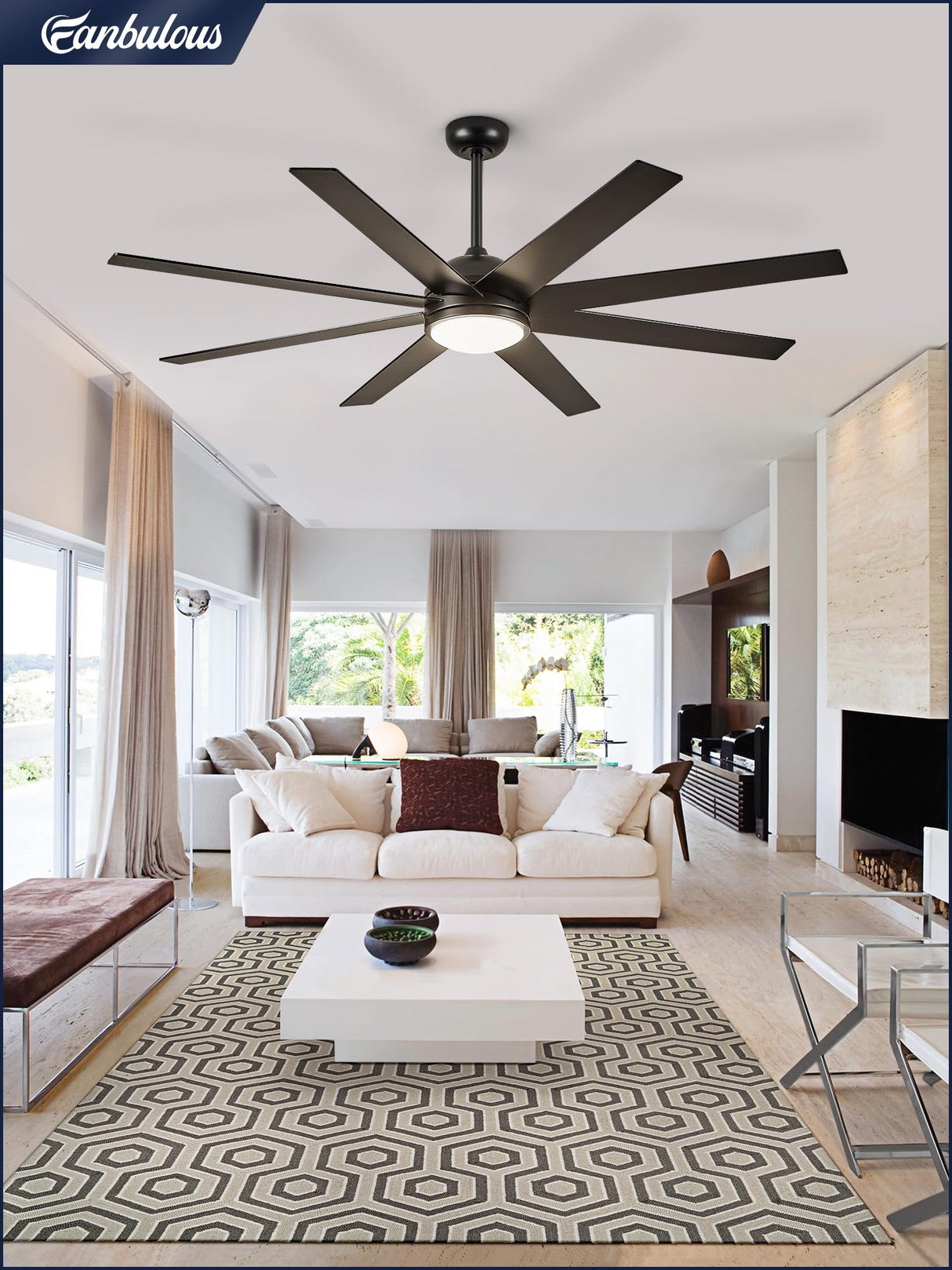 Fanbulous Ceiling Fans with Lights, 72 inch Large Ceiling Fan with Light and Remote, Outdoor Black Ceiling Fan for Living Room Patio, 6 Speeds, Reversible Quiet DC Motor, 3 CCT, Bi-color 8 Blades Fanbulous