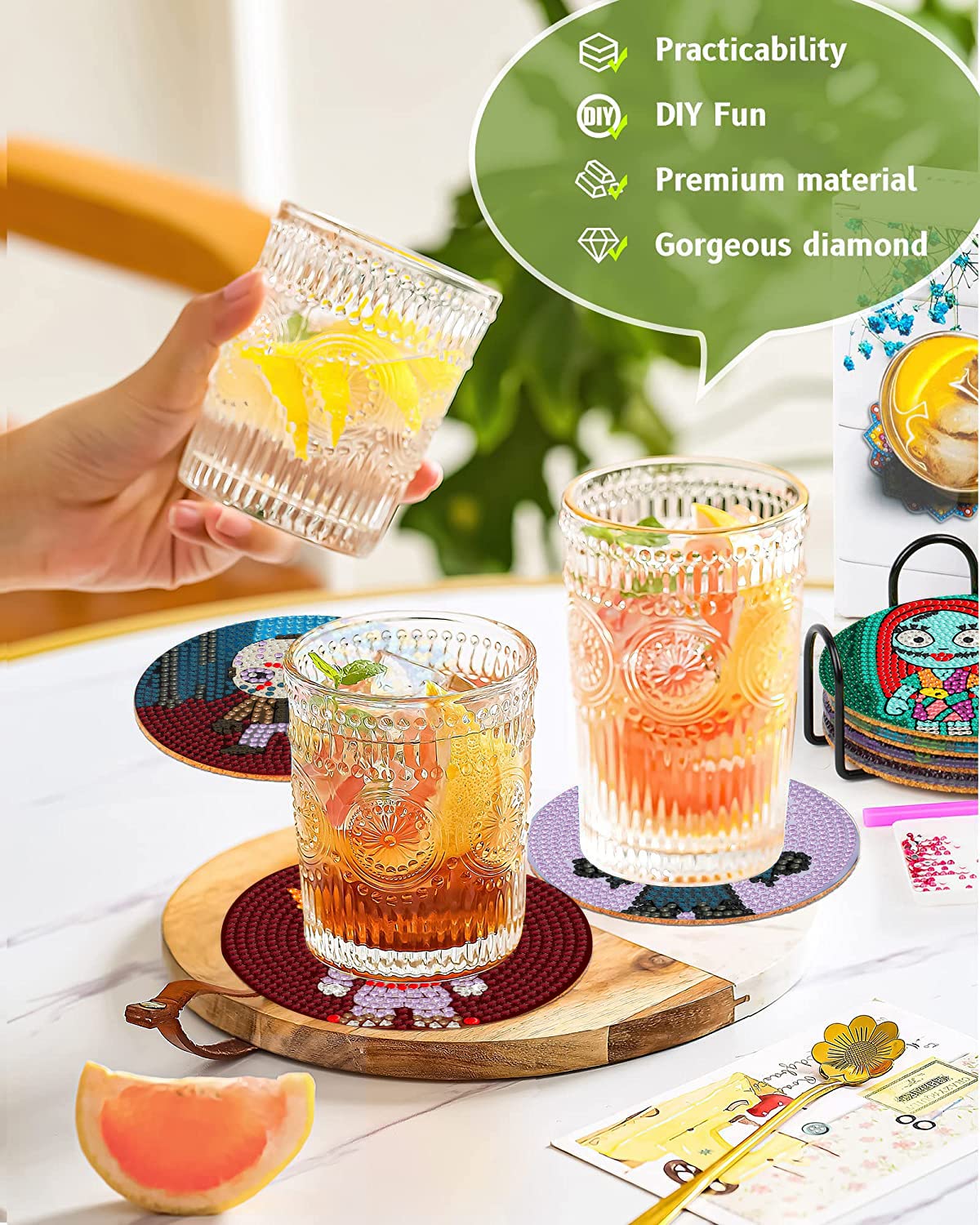 8Pcs Diamond Painting Coasters with Holder,DIY Halloween Life Coaster Diamond Art Kits for Adults Kids,Beginners Round Full Drill Diamond Art Craft Supplies tigdtiu