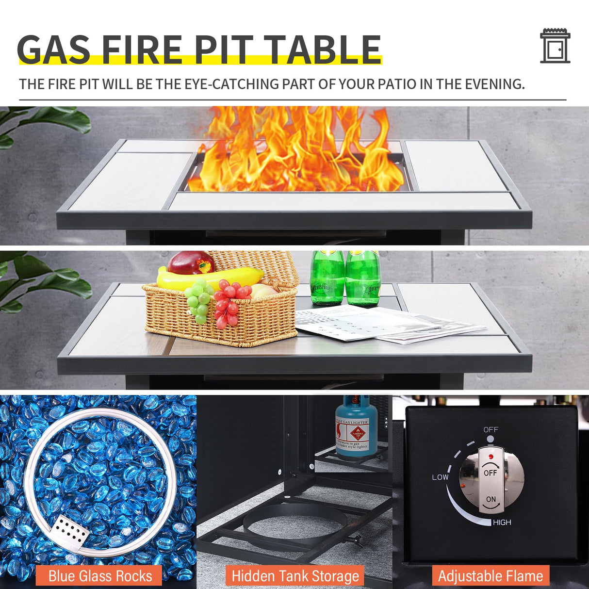 Lviden 4 Piece Wicker Patio Furniture Sets Outdoor Conversation Set PE Rattan Sectional Sofa Couch with Fire Pit Table and Peacock Blue Cushions Lviden