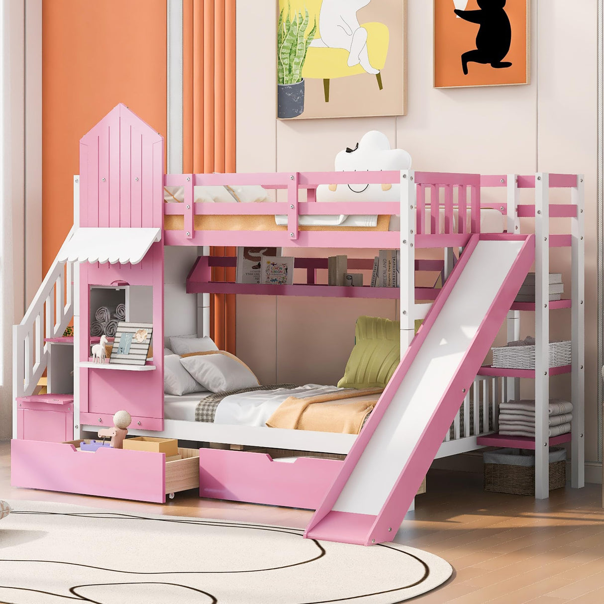 Harper & Bright Designs Twin Over Twin Bunk Bed with Stairs & Slide, Castle Style Bunk Beds with Storage Drawers and Shelves, Wooden Bunk Bed Frame for Kids, Teens, Boys & Girls (Pink) Harper & Bright Designs