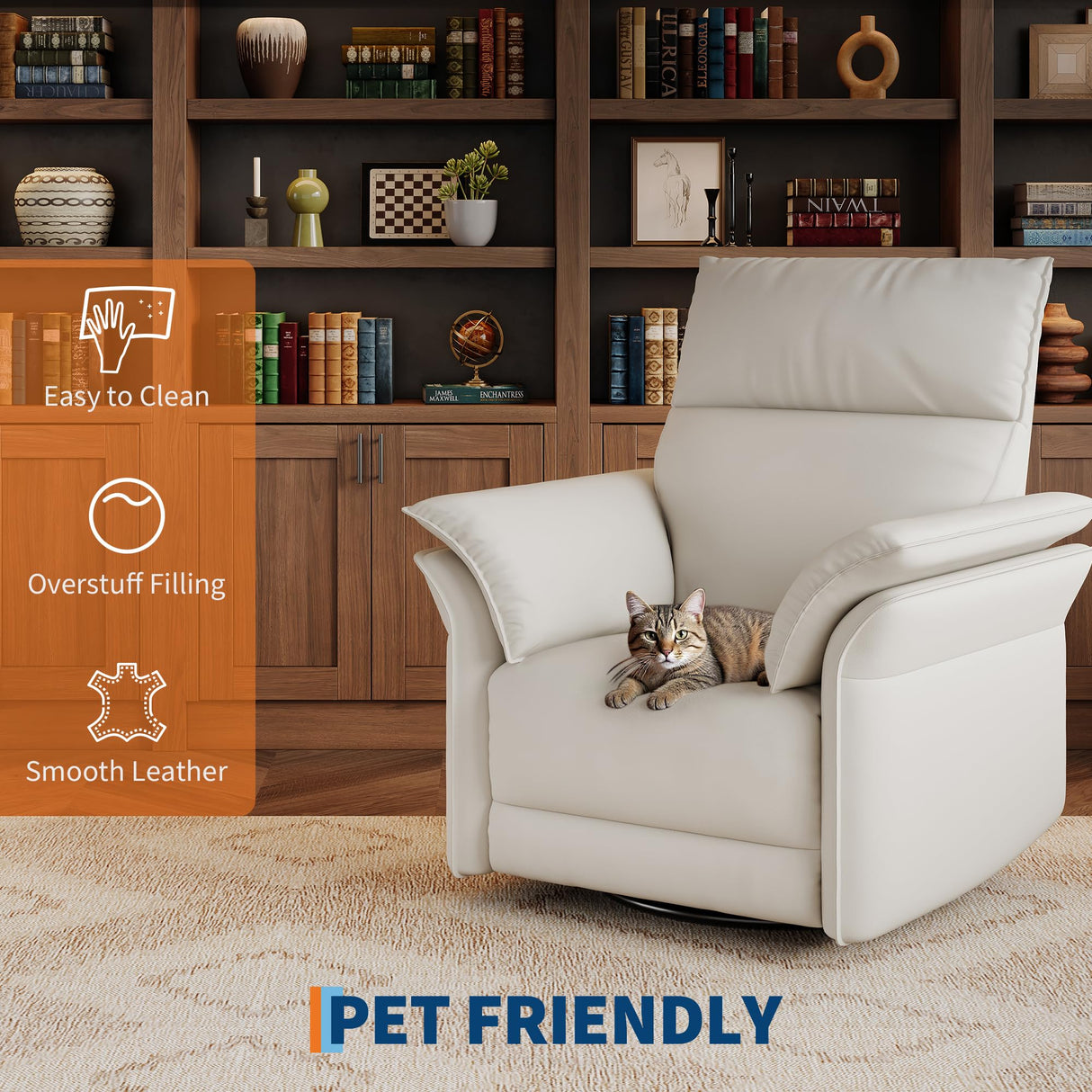 GarveeHome Power Recliner Chair, 270° Swivel Rocking Glider with USB Charging Port, PU Leather Upholstered Fabric and Double-Layer Armrests, Nursery Chair for Living Room, Nursery(Off-White) GarveeHome