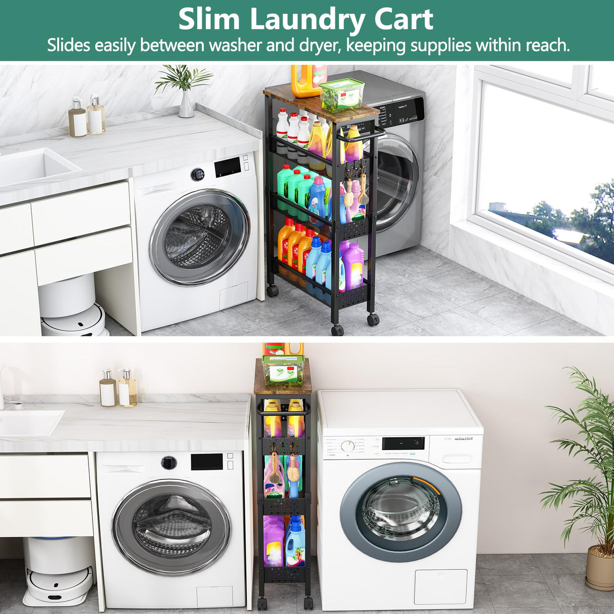 Vivihomety Utility Slim Storage Cart with Wheels, 4 Tier Small Rolling Cart with Wood Top, Metal Kitchen Bathroom Laundry Room Organization Trolley with Handle for Narrow Space – Black Vivihomety