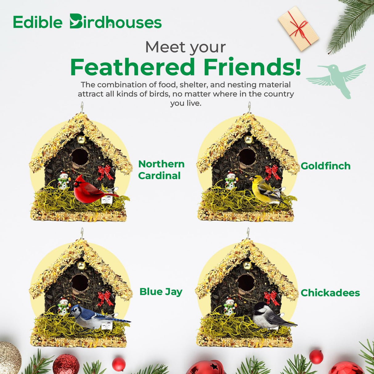 Edible Birdhouses Handmade Unique Wooden Birdhouse Covered w/Birdseed- Reseedable Bird Feeder-Made in USA- Holiday Design! (SL) EDIBLE BIRDHOUSES