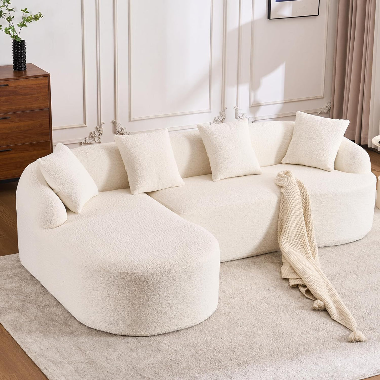 VYNELITO Oversized Sectional Sofa with Chaise for Living Room, 99" Modern Luxury Chenille 4-Seater Sofa Extra Wide Seat L-Shape Curved Cloud Couch with 4 Throw Pillows, White VYNELITO