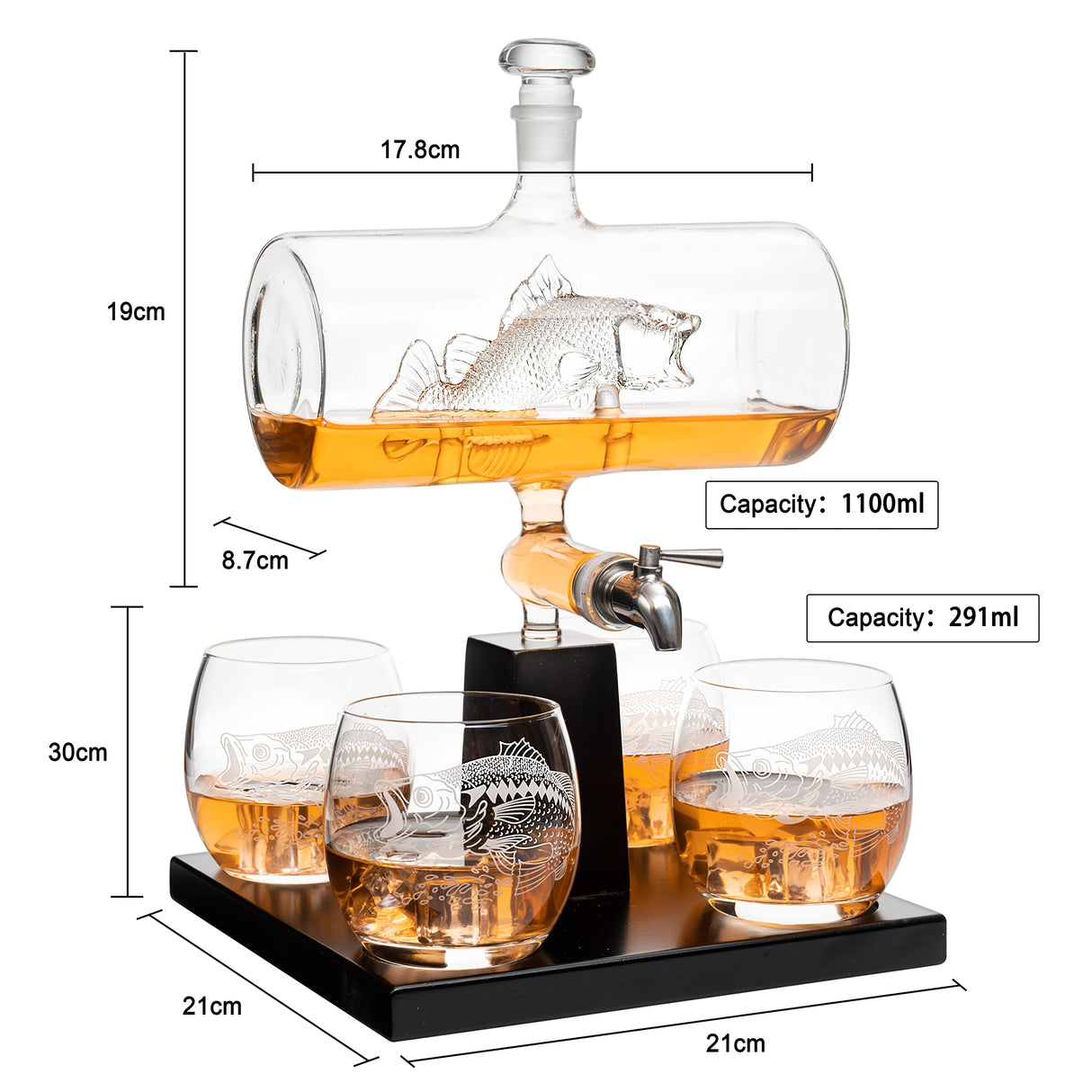 Bass Fish Wine & Whiskey Decanter Set 1100ml by The Wine Savant with 4 Bass Whiskey Glasses, Fishing & Boating Gifts, Drink Dispenser for Scotch, Bourbon The Wine Savant