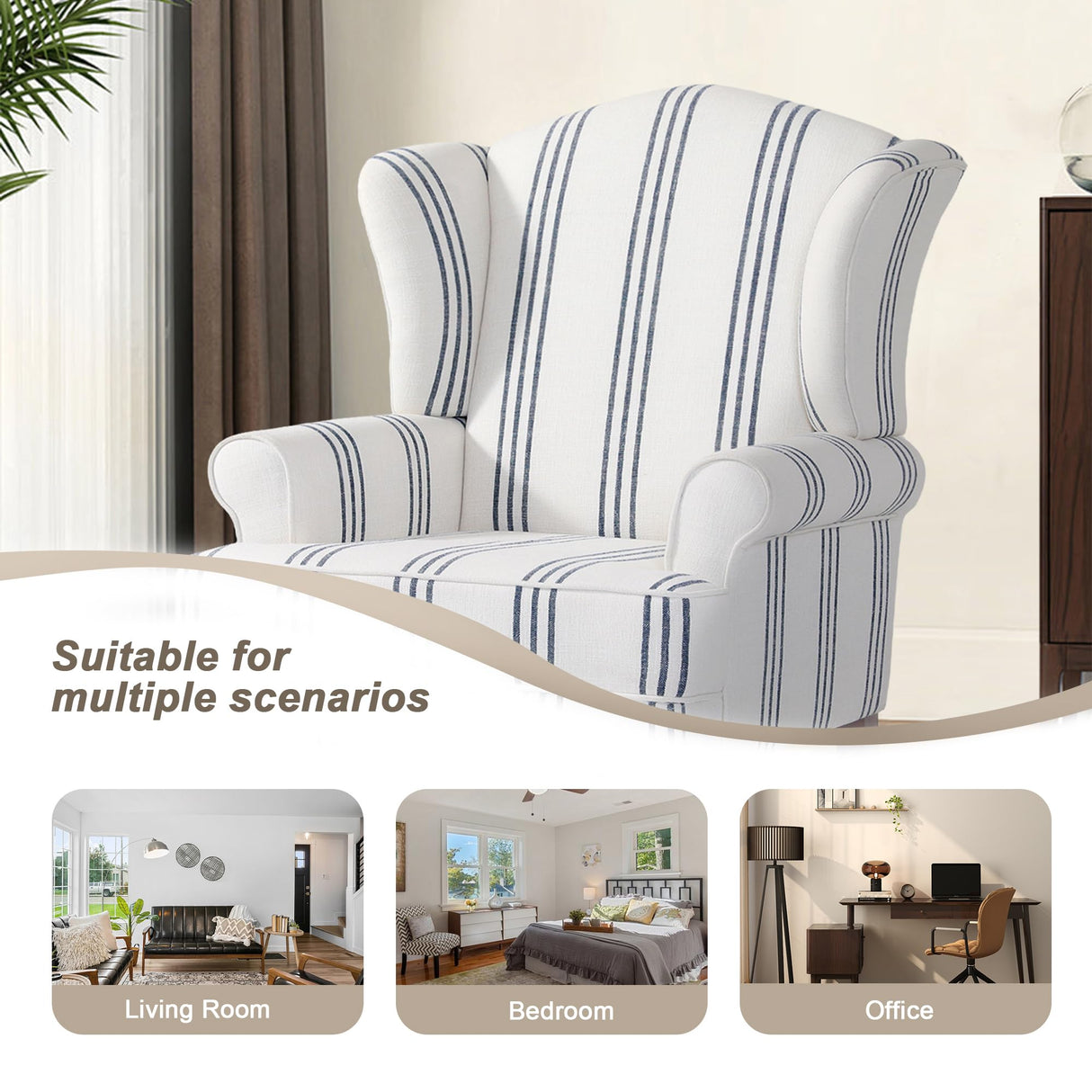 Pia Ricco Stripe High Back Floral Accent Chair, Upholstered Fabric Armchair with Solid Wood Legs - Retro Living Room Reading Chair, Comfortable Single Sofa Seat-Navy Pia Ricco