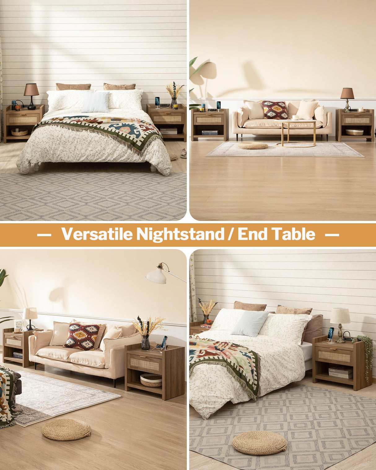 SICOTAS Night Stand Set of 2 Nightstands - Rattan Bed Side Table with Type-C Charging Station, Drawer Storage End Table - Boho Bedside Stand Night Stands for Bedroom - Natural Oak SICOTAS