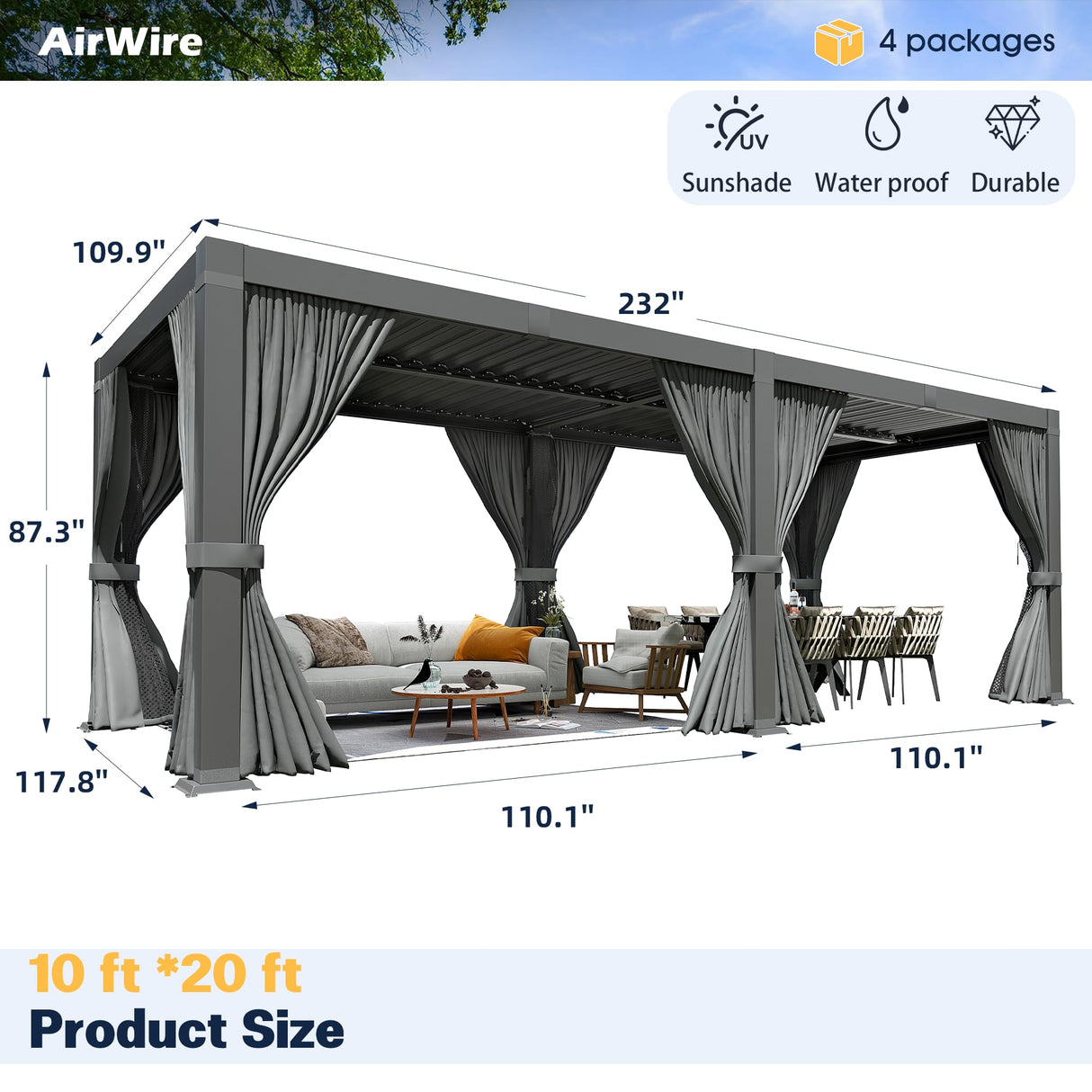 Airwire Pergola 10x20 Ft Louvered Pergola Aluminum Outdoor Pergolas W/Adjustable Roof, Waterproof Curtains and Nets Outdoor Gazebo for Deck,Patio,Backyard and Garden AirWire