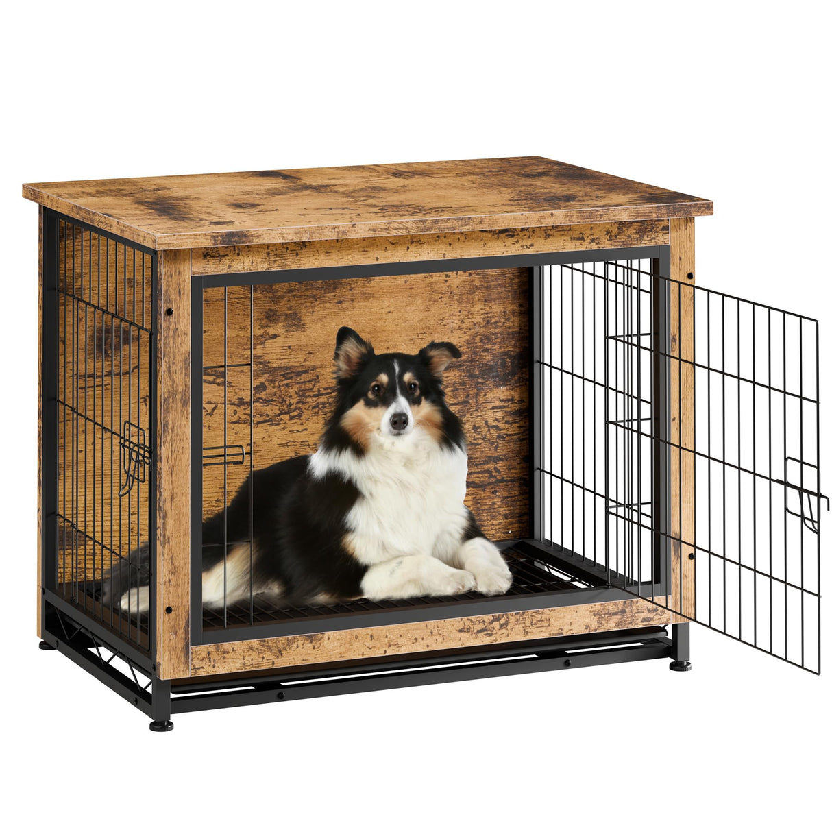 Vongrasig Dog Crate Furniture, Side End Table, Modern Wooden Kennel for Dogs Indoor, Heavy-Duty Dog Cage with Multi-Purpose Removable Tray, Double-Door Dog House, Rustic Brown Vongrasig