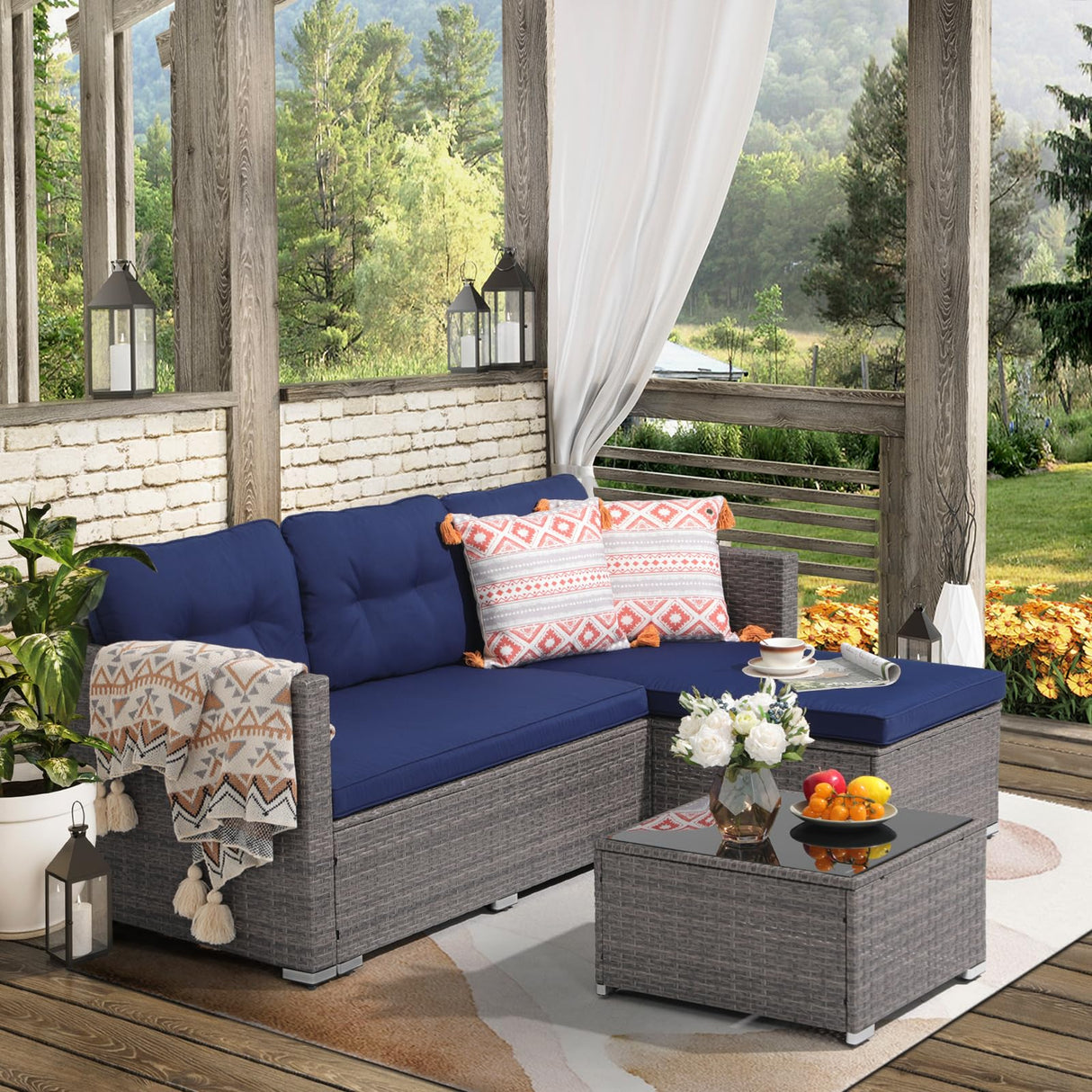 JOIVI Outdoor Patio Furniture Set, Small Sectional Conversation Set, All-Weather Wicker Furniture Sofa Set, L-Shaped Outdoor Patio Seating with Cushions, Tempered Glass Coffee Table, Navy Blue JOIVI