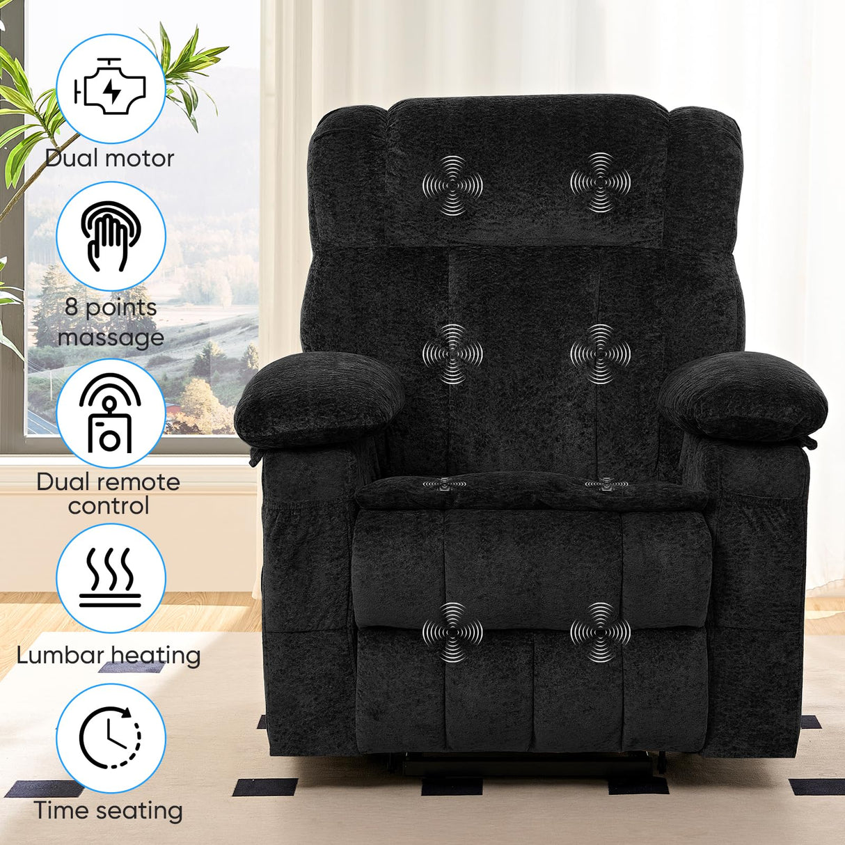 PUREMIND Power Lift Recliner Chair for Elderly, Dual Motor Electric Reclining Chairs with Massage and Heat - Velvet Fabric, Strong Support, Black PUREMIND